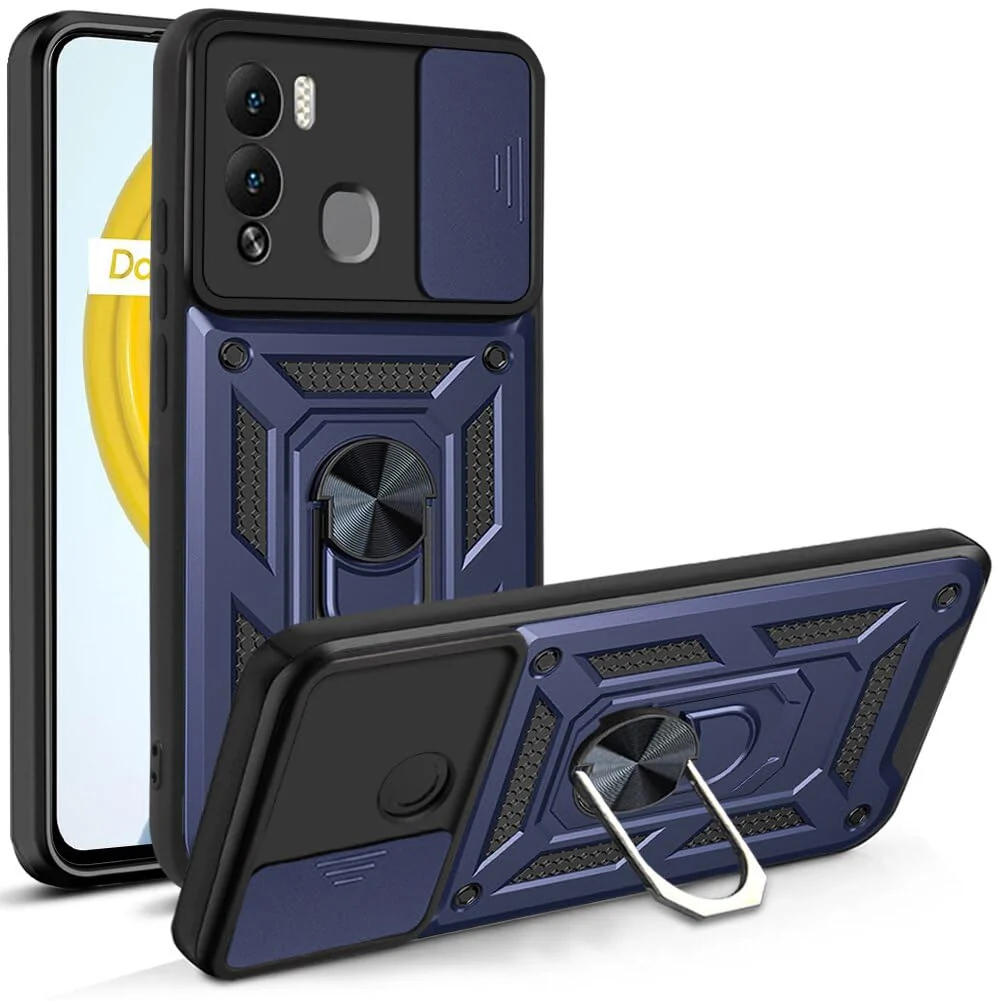 DL3 Mobilak Military-Grade Protective Case with Sliding Camera Cover, Metal Ring Kickstand and Magnetic Car-Mount Support for Infinix Hot 12i X665 - Blue