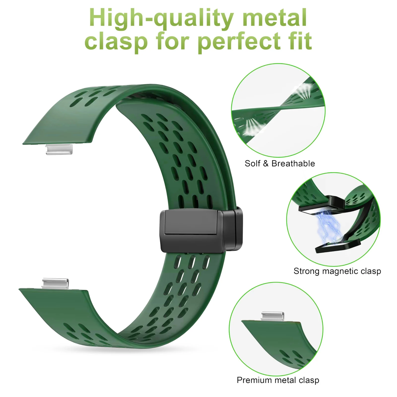 DL3 Mobilak Silicone Strap Compatible with Huawei Watch Fit 3/Fit 4/Fit 4 Pro Magnetic Metal Buckle Sport Silicone Breathable Strap for Men Women Band Quick Release Soft Replacment Wristband - Clover Green