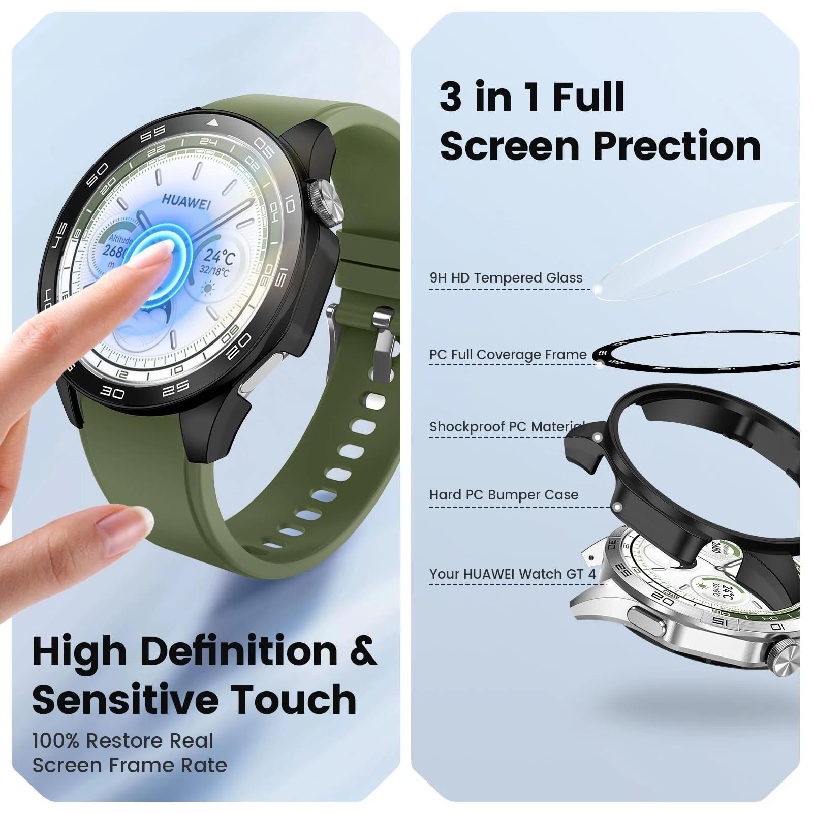 DL3 Mobilak Protective Case for Huawei Watch GT 4 46mm, Hard PC Bumper Cover with Built-in Tempered Glass Screen Protector Shell Cover Full Coverage Scratchproof with Scale - Black