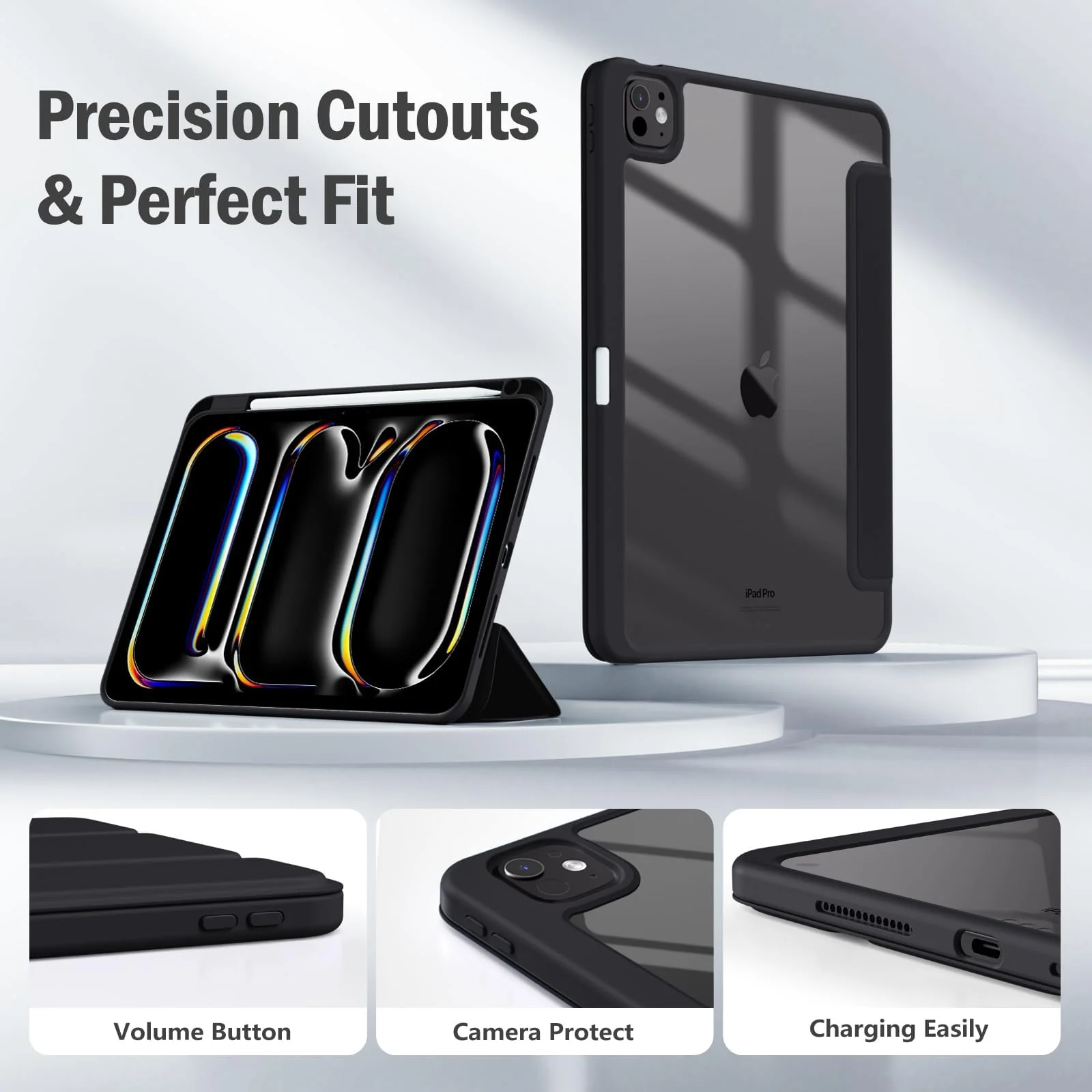 DL3 Mobilak Case for iPad Air 13-Inch M2 (2024) with Pencil Holder, Clear Transparent Back Shell Slim Stand Shockproof Tablet Cover, Auto Wake/Sleep - Black