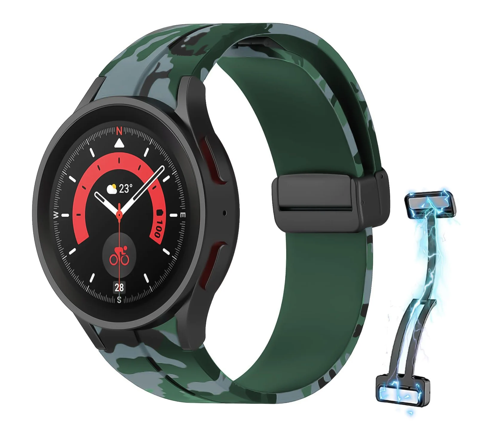 DL3 Mobilak Strap Compatible with Samsung Galaxy Watch 7 FE 6 5 4 Strap 40mm 44mm/Watch 6 Classic 43mm 47mm/5 Pro 45mm/4 Classic 42mm 46mm, No Gap Magnetic Clasp Silicone Band - Camouflage Green