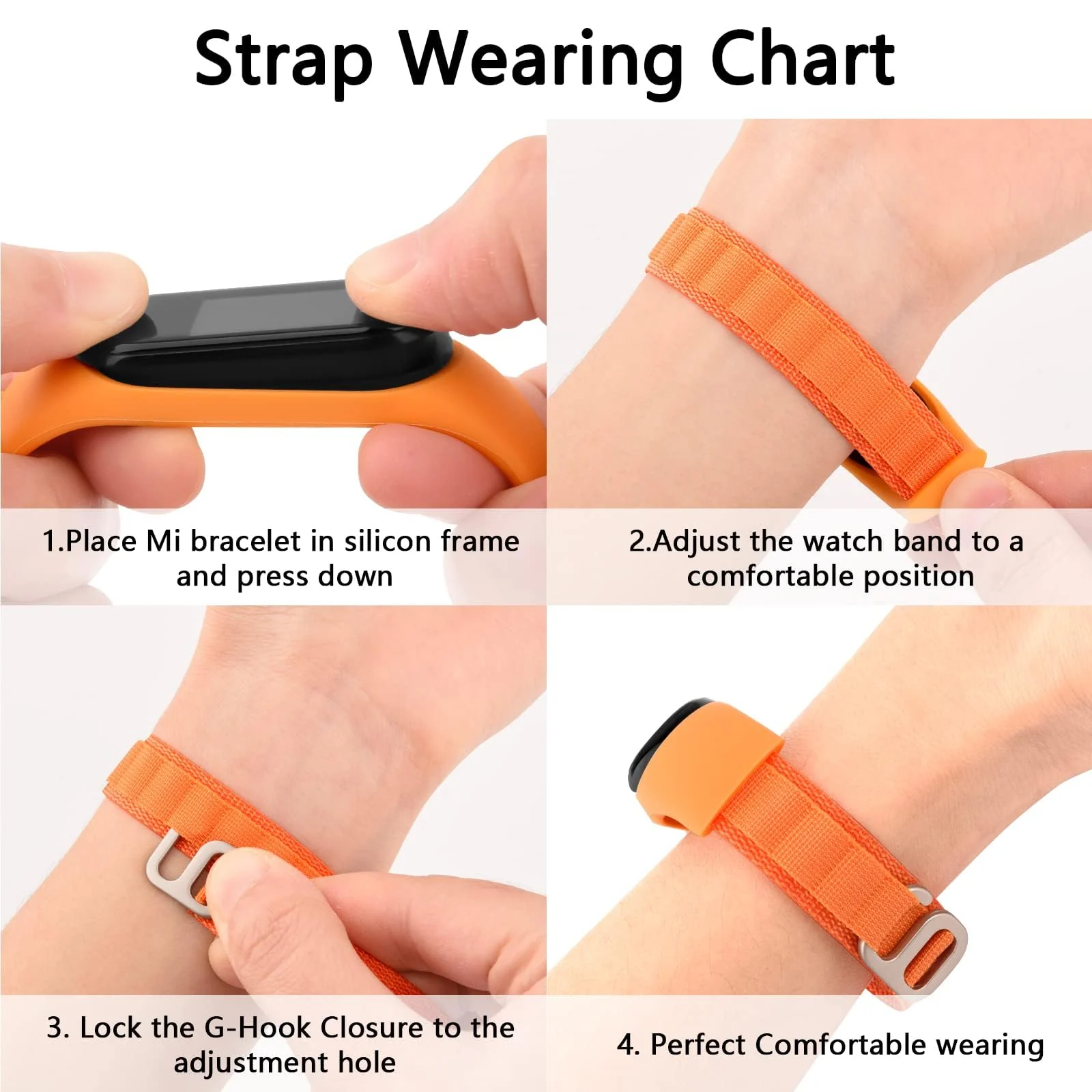 DL3 MOBILAK Alpine Loop Band for Xiaomi Mi Band 7/Mi Band 6/Mi Band 5/Mi Band 4/Mi Band 3,Women Men Nylon Sport Solo Loop Rugged Wristband with G‑Hook - Orange