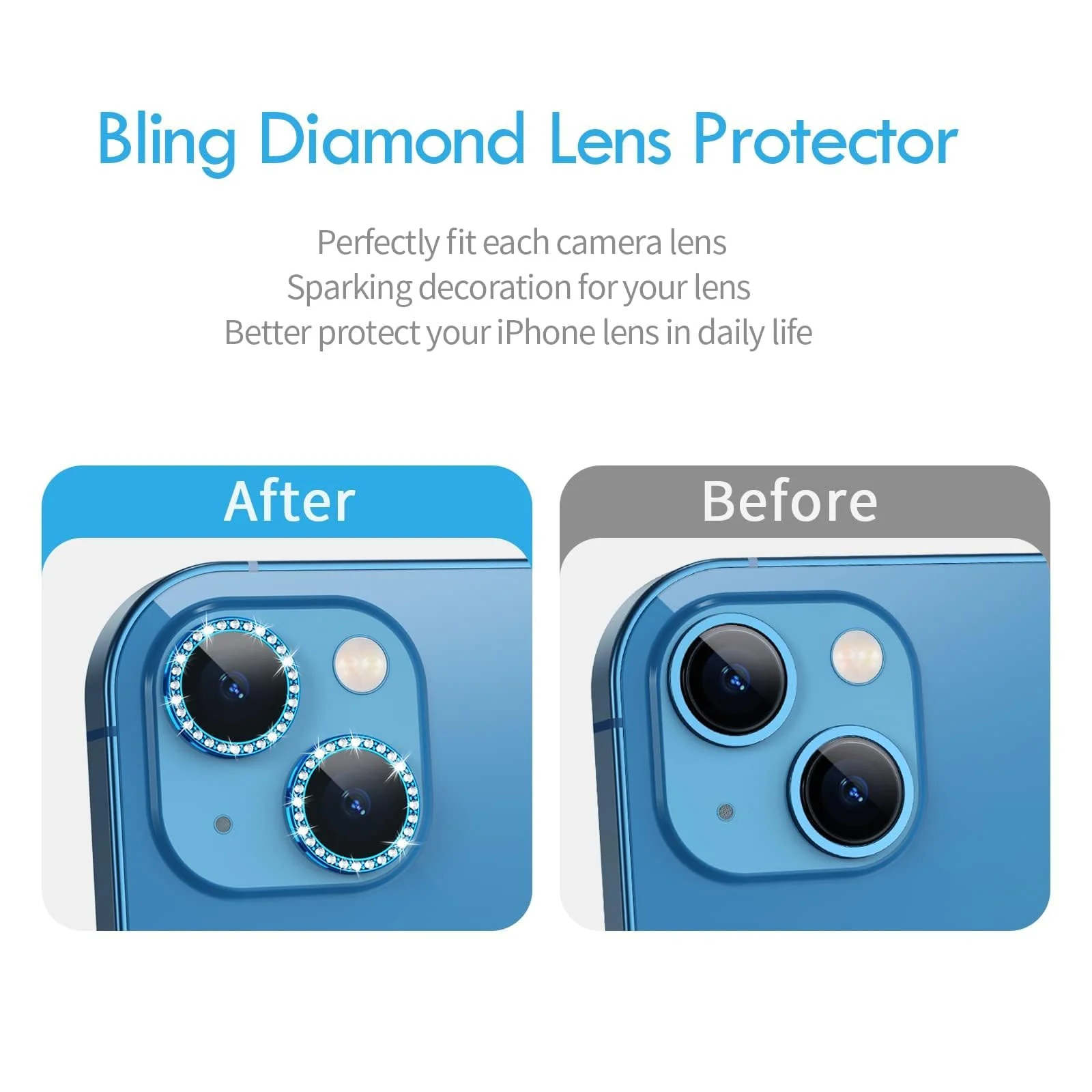 DL3 Mobilak Compatible with iPhone 15/15 Plus & iPhone 14/14 Plus Camera Lens Protector, Anti-Scratch HD Tempered Glass Lens Screen Protection Cover, Metal Individual Lens Ring - Diamond Blue