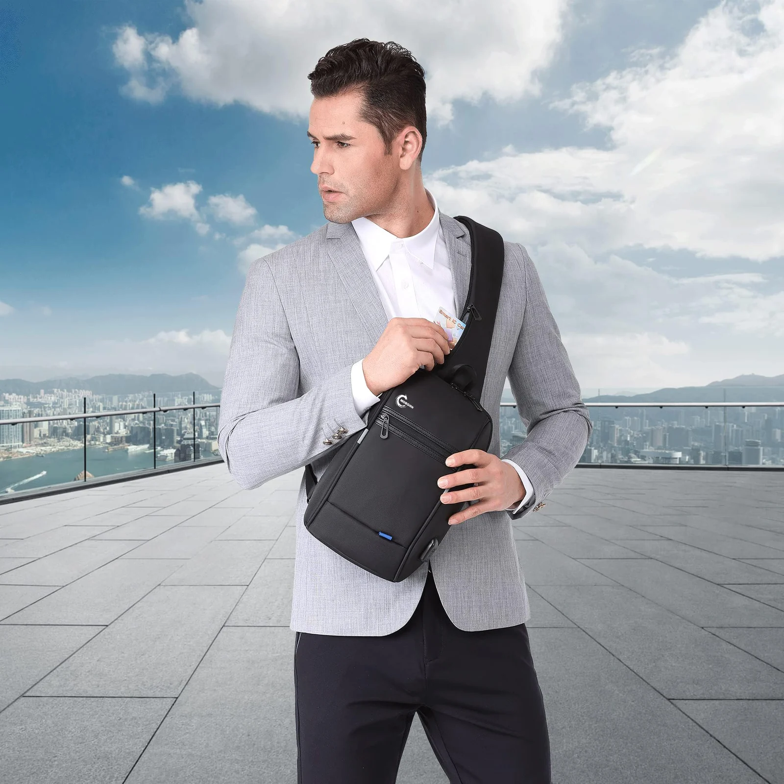 Mobigon Mini Sling Bag Hiking Daypack for Men with USB Port, Fits 9.7” iPad, Waterproof Little Crossbody Travel Shoulder Bag, Small Anti-Theft Backpack for Camping, Traveling, Commuting - Black