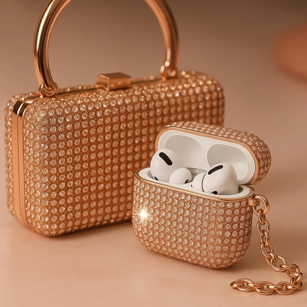DL3 Mobilak Luxury Rhinestone Case for AirPods Pro 1/2 (AirPods Pro 2nd/1st), Sparkling Glitter Protective Cover with Detachable Metal Hand Chain, Shockproof Ideal Gift for Women & Girls - Rose Gold
