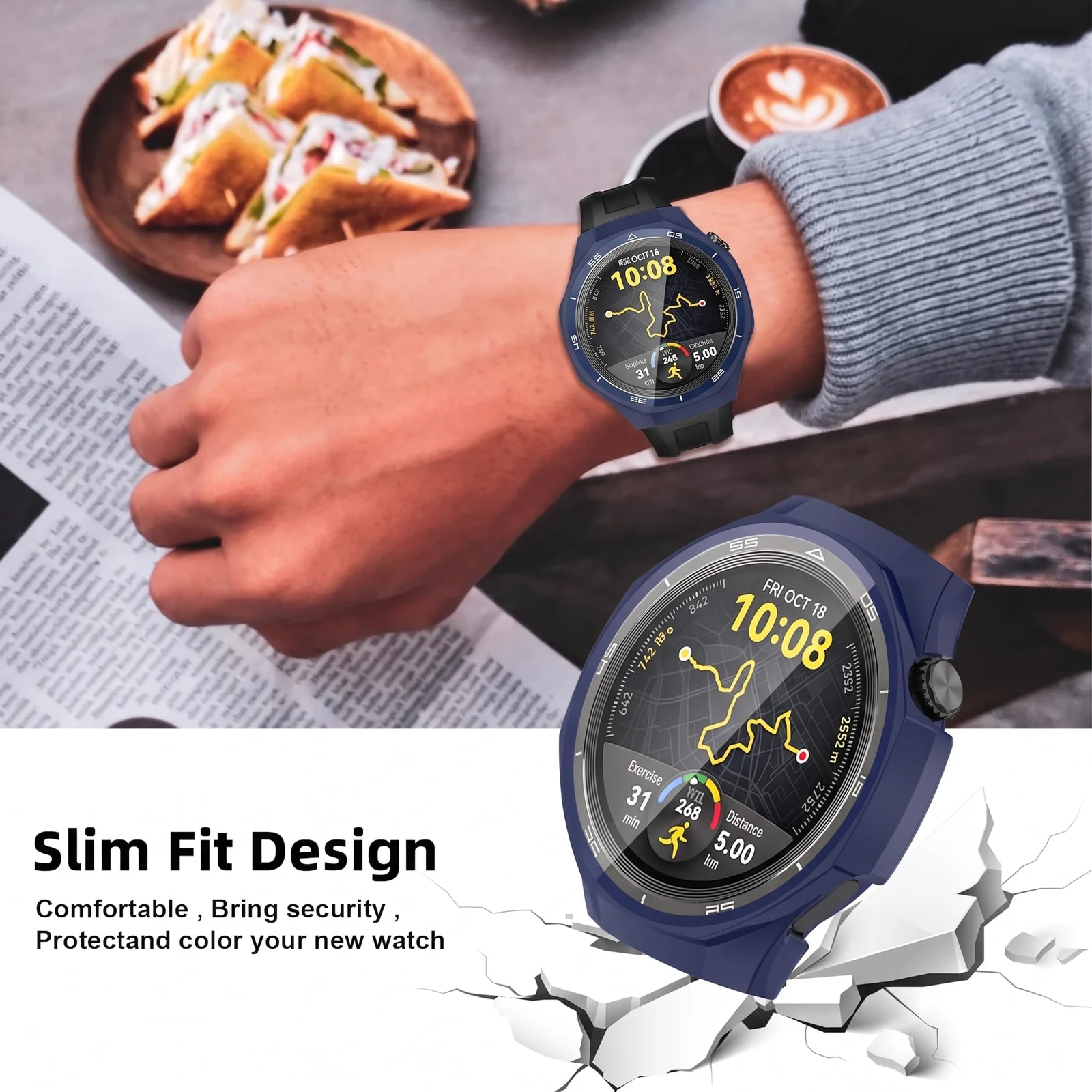DL3 MOBILAK Full-Coverage Watch Case with Tempered Glass for Huawei Watch GT 5 Pro 46 mm, Blue