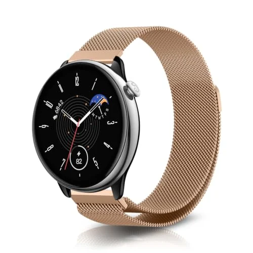 20MM Band stainless steel Magnetic Strap For Samsung Galaxy Watch 7/6/5/4 40MM 44MM/Watch 5 Pro 45MM/S2 classic/active 2 40MM 44MM Stretch Strap for Amazfit Active 2/GTS 4/3/3 Pro/Bip 3 (Rose Gold)