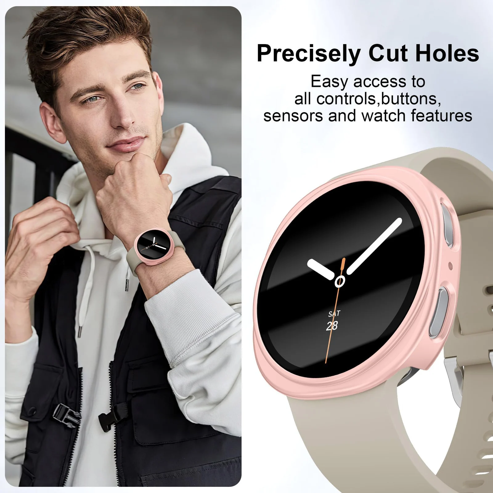 DL3 Mobilak Case Compatible with Samsung Galaxy Watch 8 44mm, Full Coverage Slim Hard Case Protective Bumper Built-in Tempered Glass Screen Protector Shell for Galaxy Watch8 44 mm - Pink
