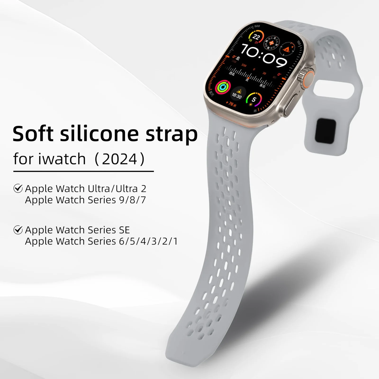 DL3 Mobilak Breathable Sport Band Compatible with Apple Watch 49mm 46mm 45mm 44mm 42mm, Soft Silicone Replacement Strap for iWatch Series 11 10 9 8 7 6 5 4 SE3 SE2 SE Ultra 3 2 1 - Light Gray