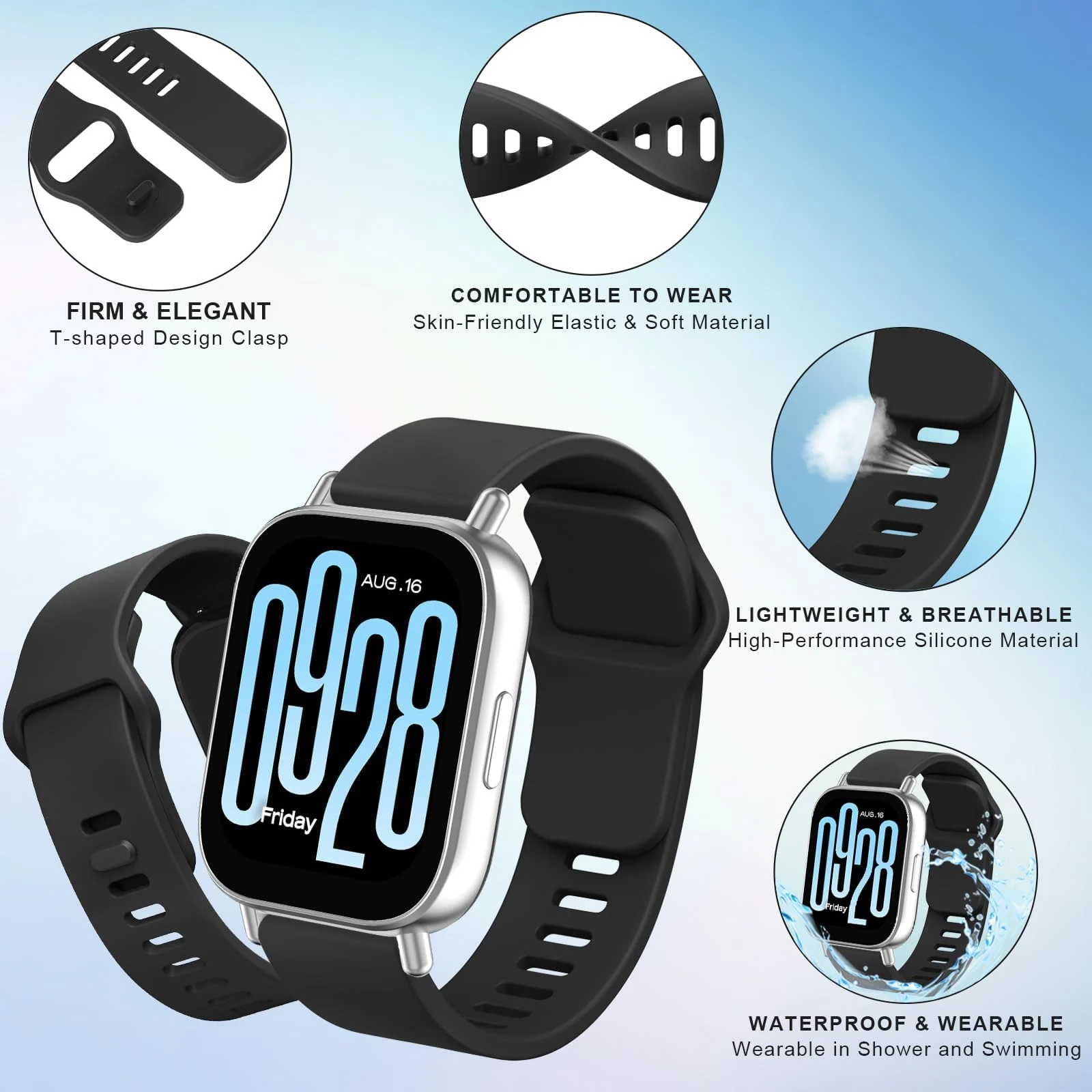 DL3 Mobilak Strap for Xiaomi Redmi Watch 5 Active/Redmi Watch 5 Lite, 22mm Adjustable Quick Release Silicone Replacement Watch Band Straps Wristbands Bracelet for Women Men - Black