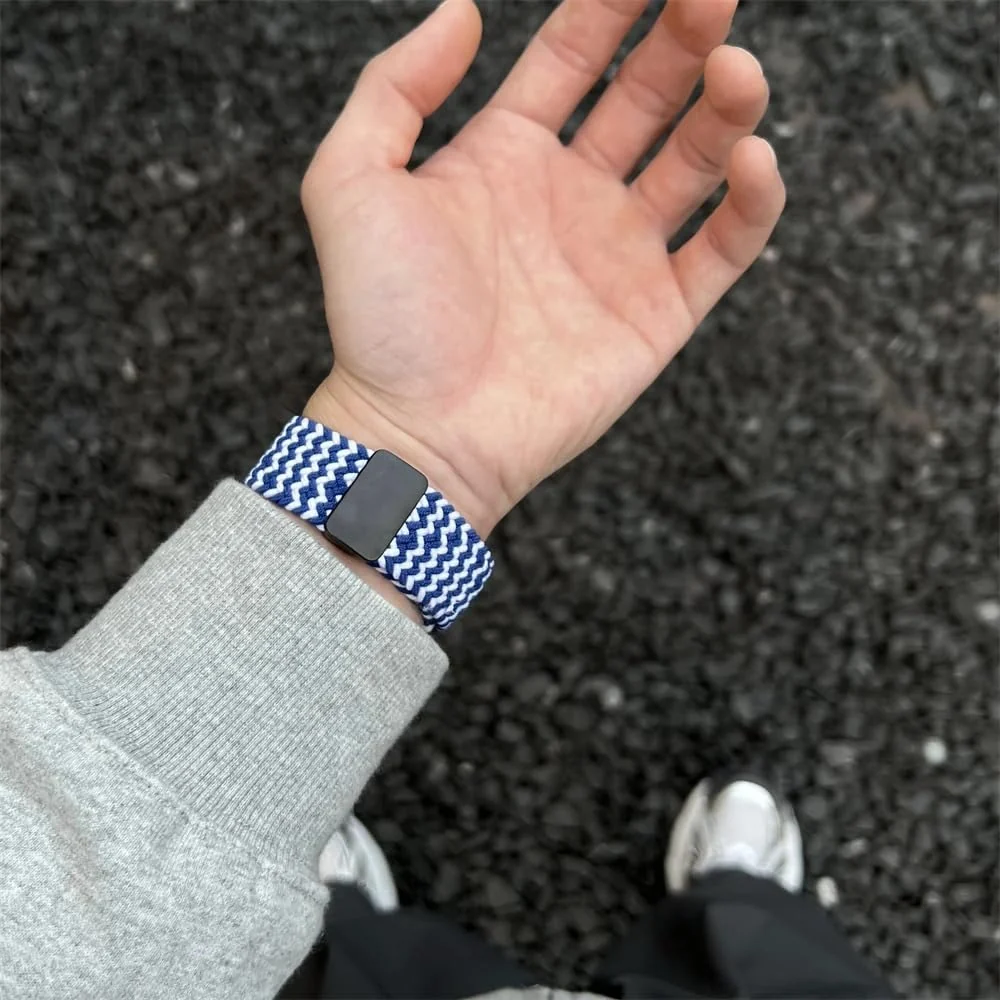 DL3 Mobilak Sport Solo Loop Compatible with Apple Watch Band 42mm 44mm 45mm 46mm 49mm for Women Men, Magnetic Strap Stretchy Braided Wristband for iWatch Series 11 10 9 8 7 6 5 4 3 Ultra 3 2 1 SE SE2 - Blue White