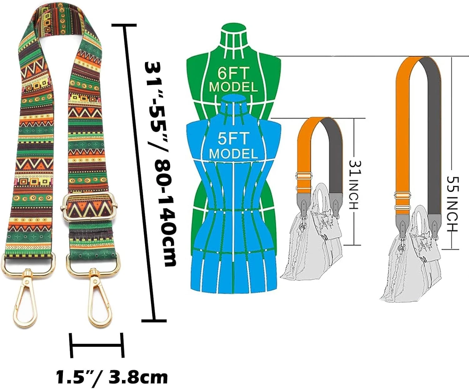 DL3 Mobilak Adjustable Wide Crossbody Bag Strap for Women, Replacement Shoulder Strap for Handbags, Totes & Purses with Elegant Embroidered Pattern and Metal Hooks - Green Yellow