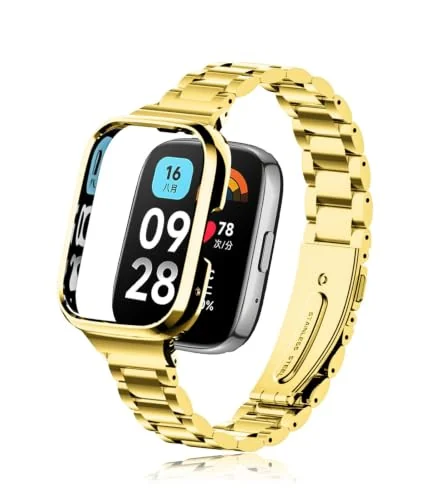 Dl3 Mobilak Bracelet Compatible with Xiaomi Redmi Watch 3 Lite/Redmi Watch 3 Active, Stainless Steel Metal Replacement Watch Band With Frame Metal Women Men Replacement Strap (Gold)