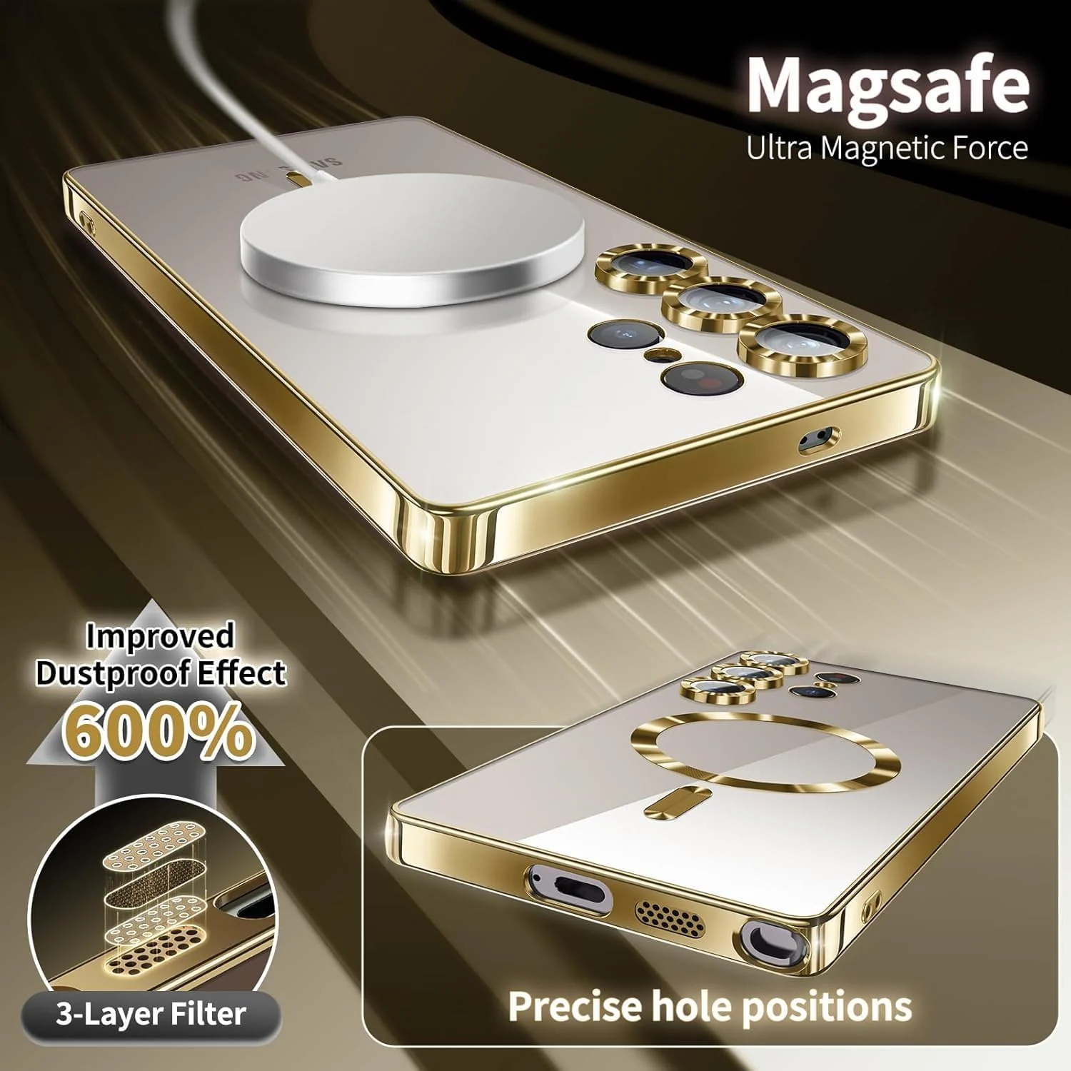 DL3 Mobilak Plated-Edge Protective Case for Samsung Galaxy S25 Ultra, Compatible with MagSafe accessories, Supports wireless charging, Camera protection - Gold