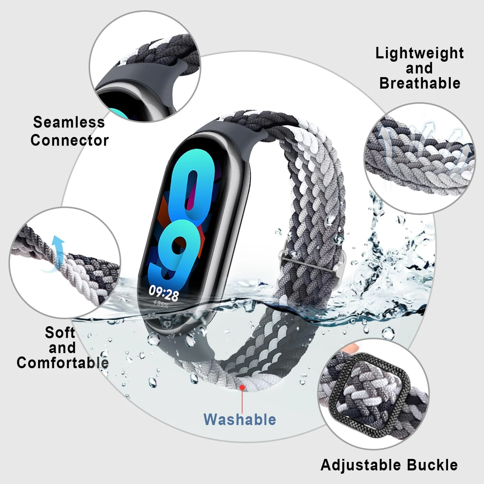 DL3 Mobilak Compatible with Xiaomi Mi Band 10/9/8 strap, Braided Solo Loop for Nylon Elastic Adjustable Replacement Wristband Compatible with Xiaomi Smart Band 8/9/10 - Colorful Black