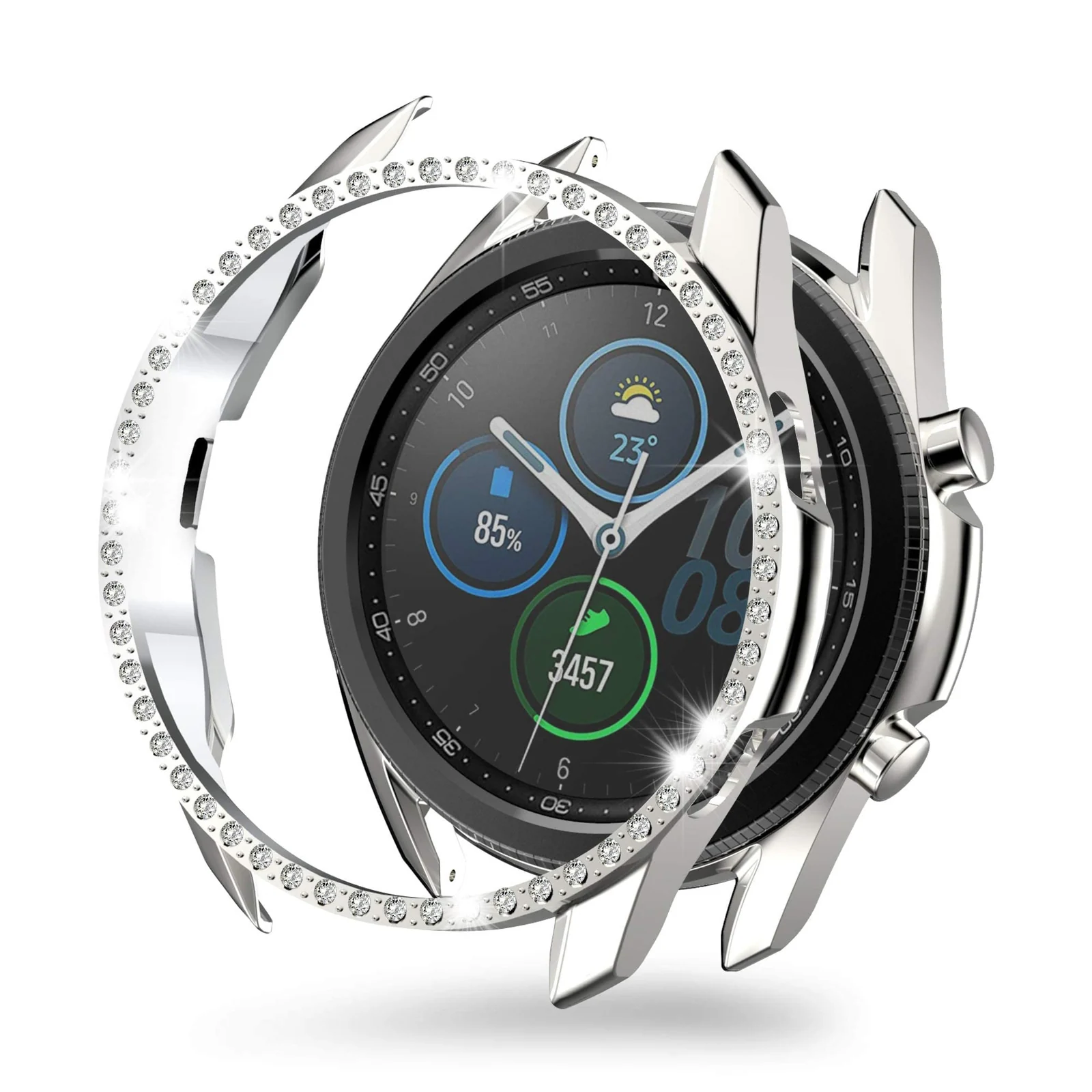 DL3 Mobilak Bumper Diamond Case Compatible with Samsung Galaxy Watch 3 45MM, Bling Crystal Diamonds PC Plastic Protector Case Cover Frame for Galaxy Watch3 45 MM - Silver