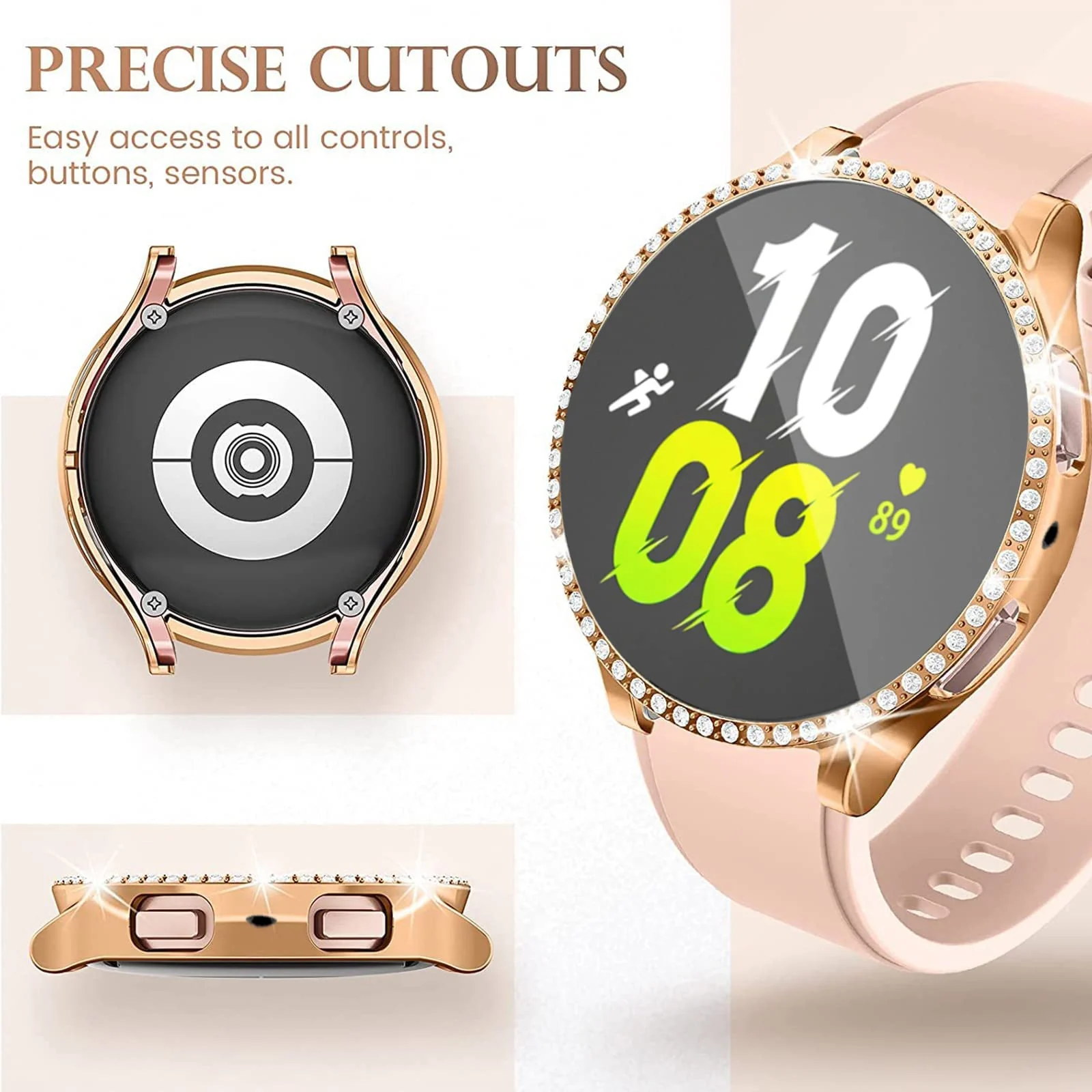 DL3 Mobilak Bumper Diamond Case Compatible with Samsung Galaxy Watch 5 44MM / Galaxy Watch 4 44mm, Bling Crystal Diamonds PC Plastic Protector Case Cover Frame For Galaxy Watch 4/5 44 MM - Rose Gold