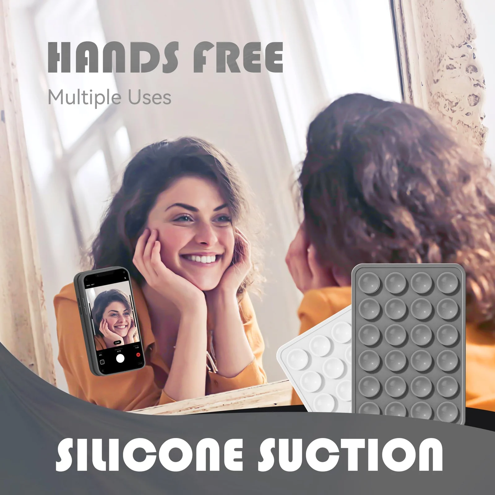 DL3 MOBILAK Silicone Suction Phone Case Mount, Sillicon Adhesive Phone Accessory for iPhone and Android, Hands-Free Fidget Toy Mirror Shower Phone Strong Grip Holder, Videos and Selfies - Gray