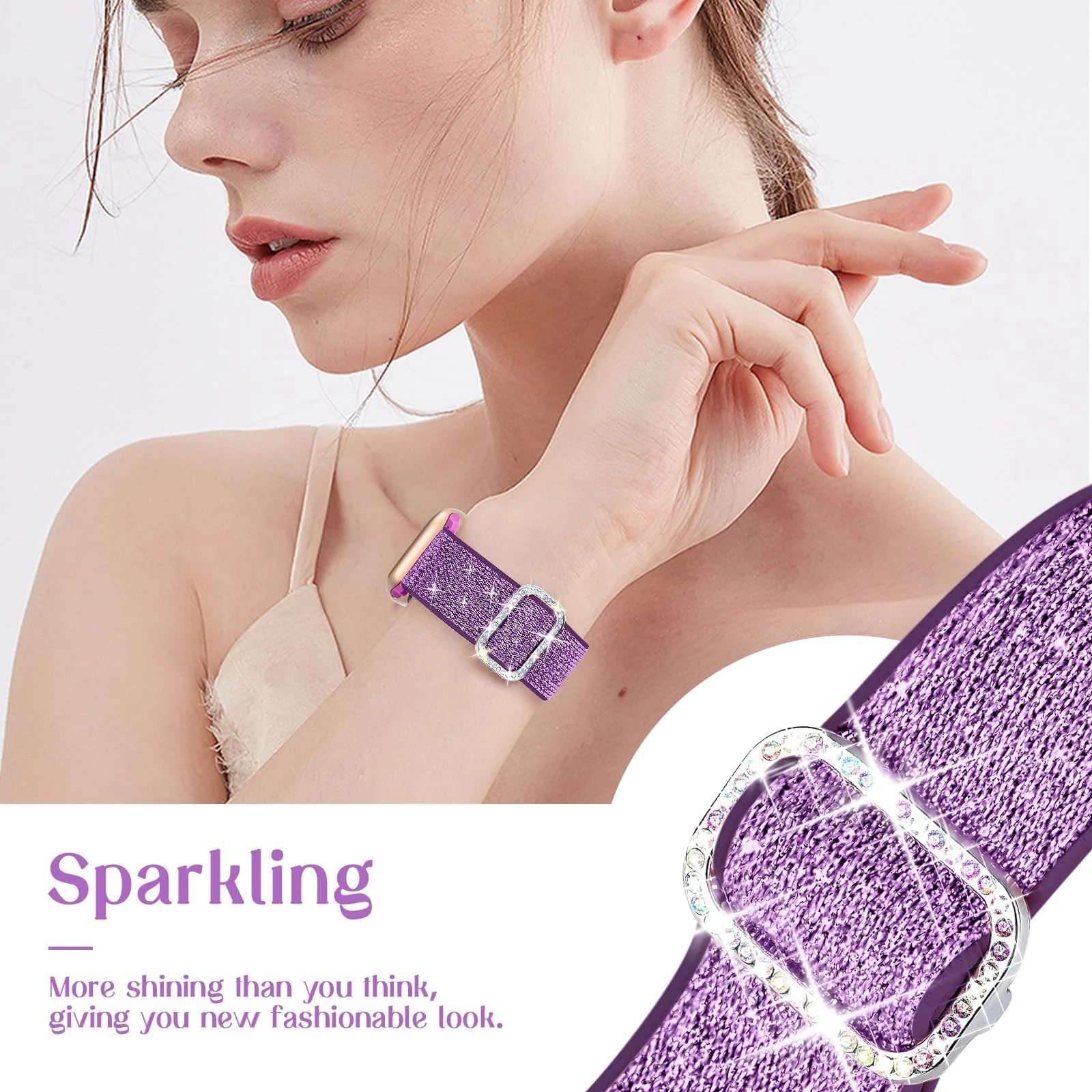 DL3 Mobilak Stretchy Bling Band For Apple Watch 49mm 46mm 45mm 44mm 42mm Women, Nylon Sparkly Strap Solo Loop Glitter Wristband for iWatch Series 11 10 9 8 7 6 5 4 SE3 SE2 SE Ultra 3 2 1 - Purple