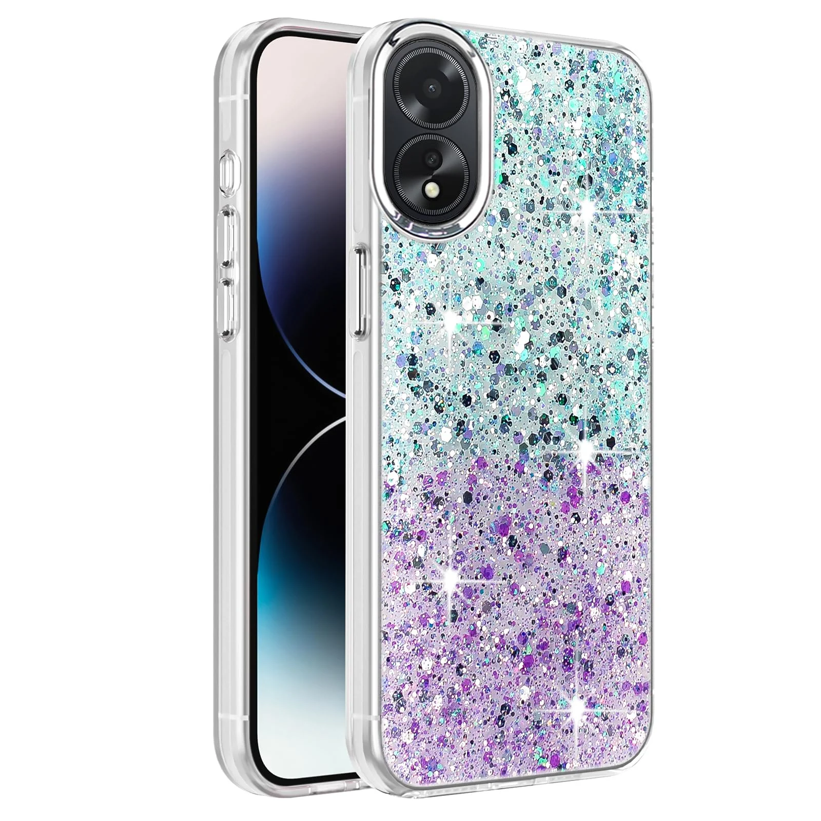 DL3 Mobilak Compatible with OPPO A38 / OPPO A18 Case, Clear Glitter Bling Sparkly, Soft TPU Frame Bumper, Hard-Back Cover for Women & Girls, Transparent Protective Phone Case - Green Purple