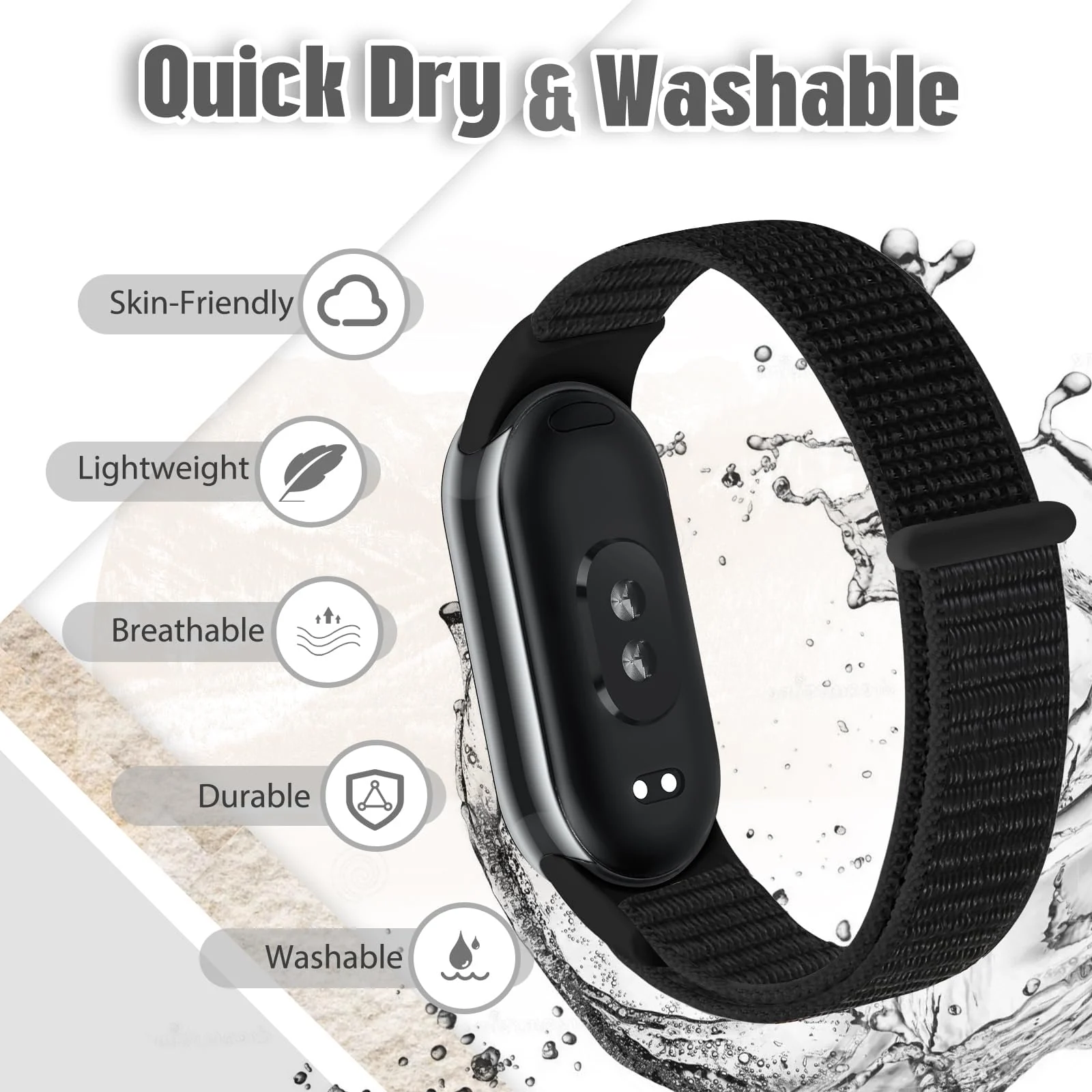 DL3 Mobilak Nylon Sport Band Compatible with Xiaomi Mi Band 10/9/8 for Women Men, Soft Adjustable Breathable Sport Loop Watch Strap Replacement Wristband for Xiaomi Smart Band 8/9/10 - Black
