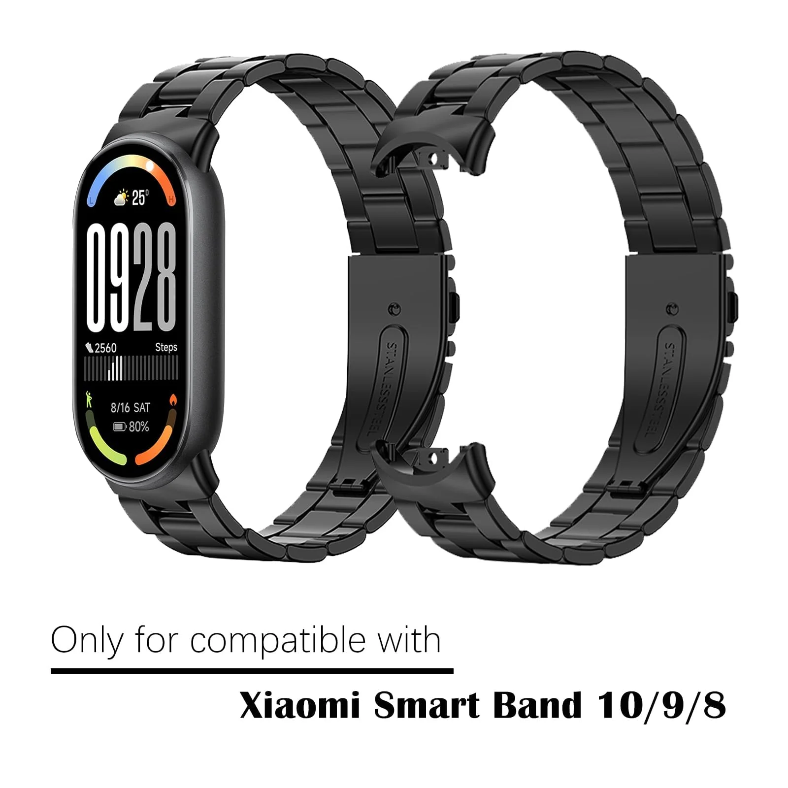 MOBIGON Stainless Steel Bracelet Strap with Double-Folding Clasp for Xiaomi Smart Band 8 / 9 / 10, Black
