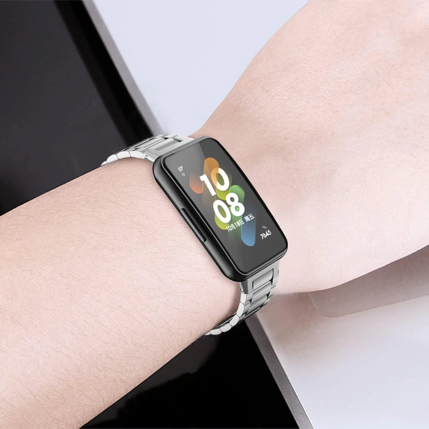 DL3 Mobilak Strap for Huawei Band 7/ Honor Band 7 Stainless Steel Replacement Metal Straps Bracelet Compatible with Huawei Watch Band 7 Standard and Huawei Band 7 NFC Edition Bracelets - Silver