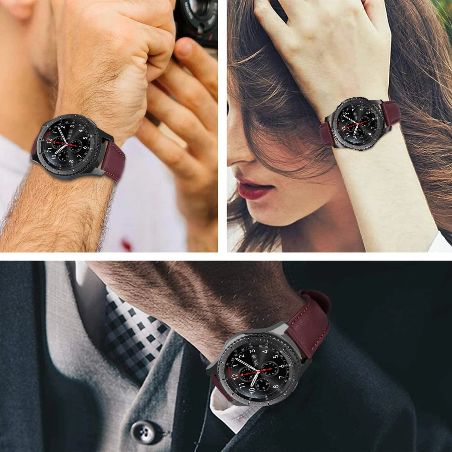 DL3 Mobilak Leather Band 20MM Strap For Samsung Gear Sport/Watch 4/Watch 5/5 Pro /S2 classic/active 2 40mm 44mm/Amazfit GTS 3/ GTS 4/4 Mini/Bip 3/Pro/GTS 2 mini/GTS 2e/Bip U/UPro - Wine Red