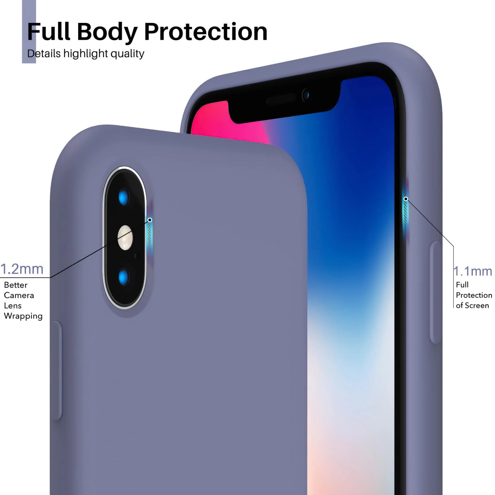 DL3 Mobilak Liquid Silicone Protective Case for iPhone X / iPhone XS with Camera Protection and Microfiber Lining - Lavender Grey