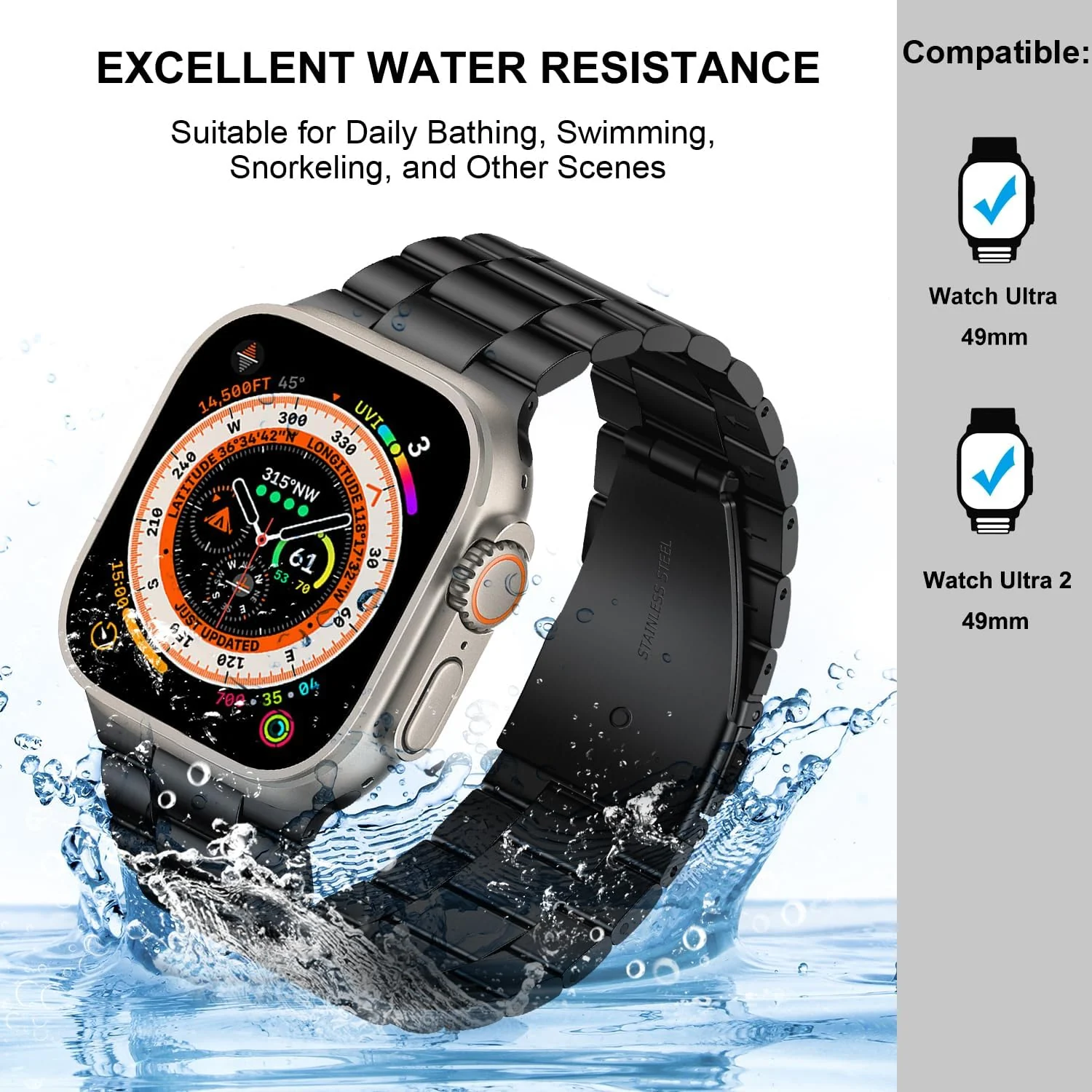 DL3 Mobilak Stainless Steel Band with Case Compatible with Apple Watch Ultra 49mm, Men Woman Business Metal Strap with Protective Bumper Cover for Apple Watch Ultra 2 Ultra 49mm - Black