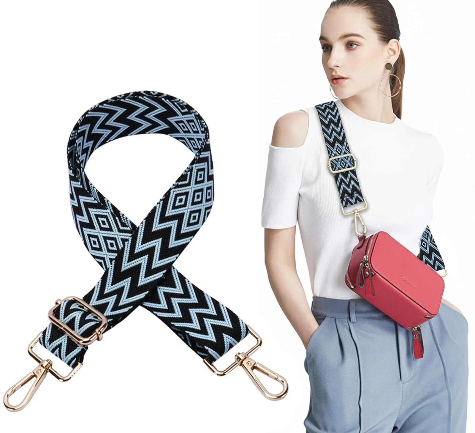 DL3 Mobilak Adjustable Wide Crossbody Bag Strap for Women, Replacement Shoulder Strap for Handbags, Totes & Purses with Elegant Embroidered Pattern and Metal Hooks - Blue Black