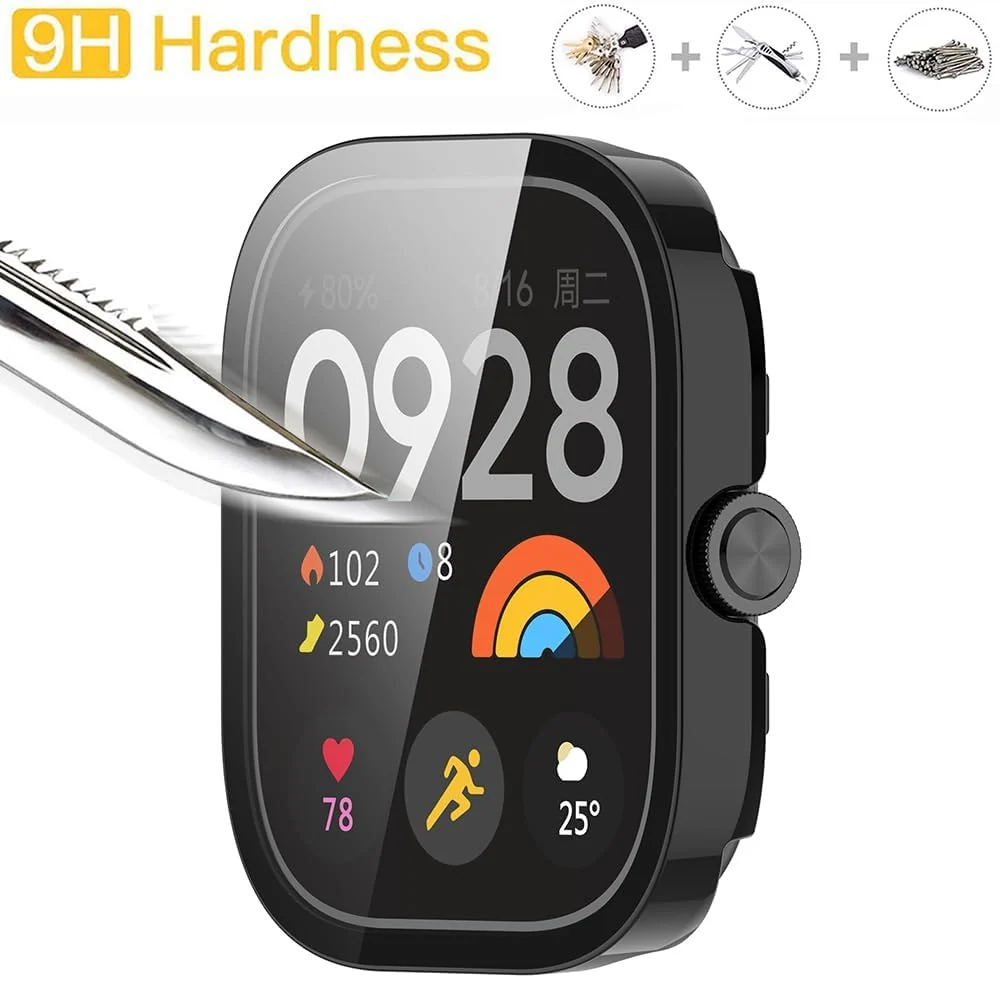 DL3 Mobilak For Xiaomi Redmi Watch 4 Case with Tempered Glass Screen Protector for xiaomi redmi Watch 4, 9H Hardness 360° All-Round Protective Ultra Thin Protective PC Case - Black