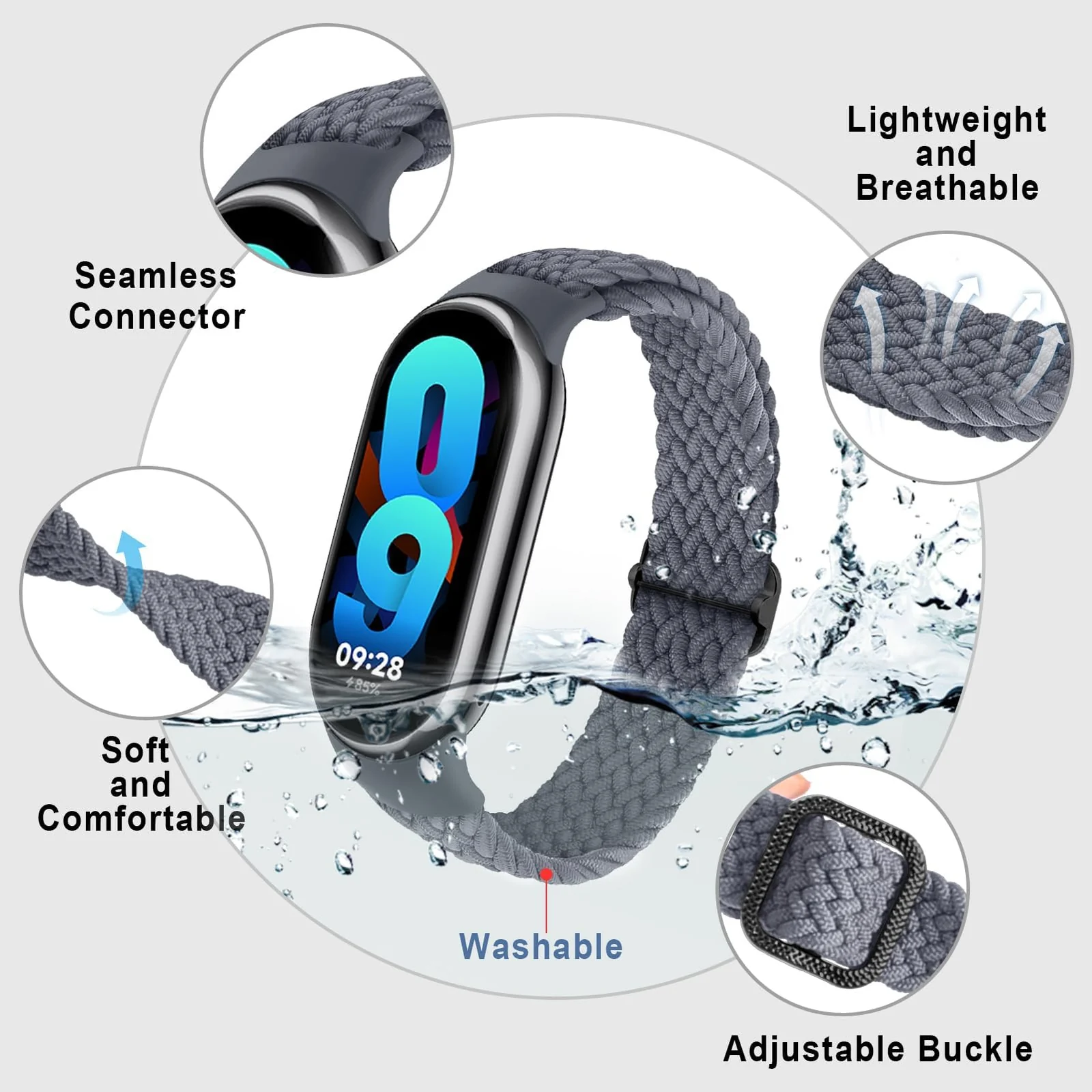 DL3 Mobilak Compatible with Xiaomi Mi Band 10/9/8 strap, Braided Solo Loop for Nylon Elastic Adjustable Replacement Wristband Compatible with Xiaomi Smart Band 8/9/10 - Gray