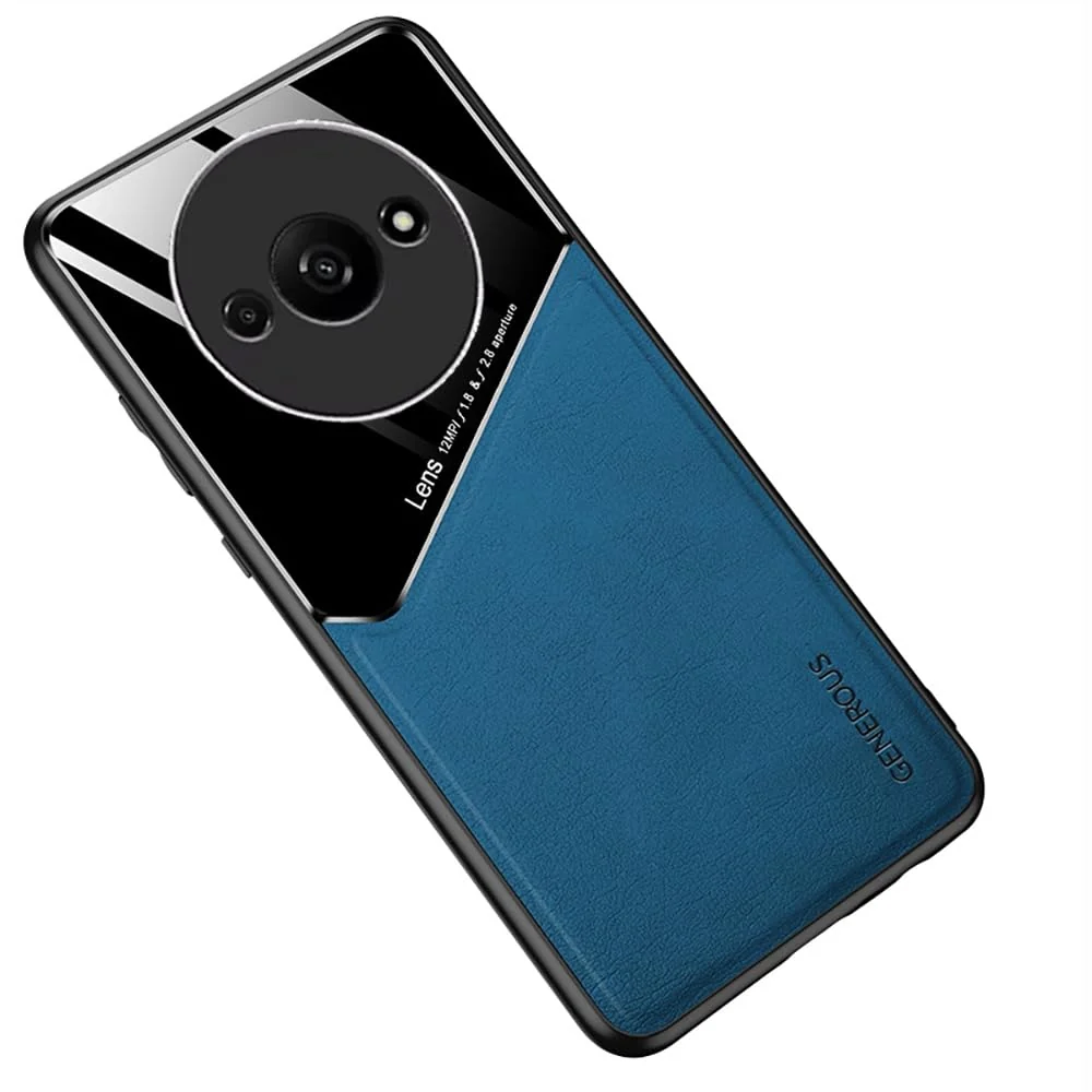 DL3 Mobilak Luxury Case For Xiaomi Redmi A3, Ultra-Thin Soft TPU Frame, Back Leather Mixed Double+Plexiglass Protective Cover With Built-in Car Magnetic - Blue