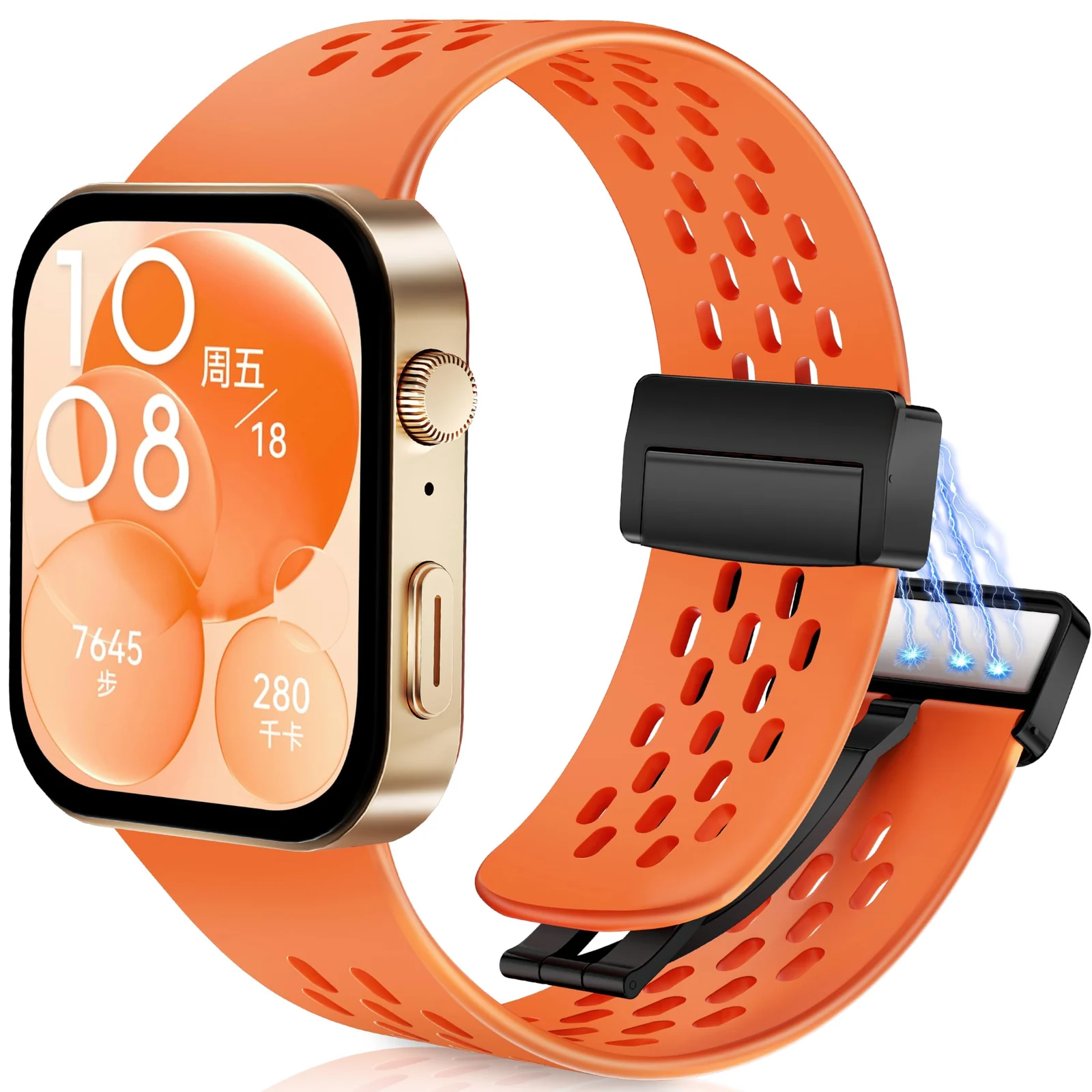 DL3 Mobilak Silicone Strap Compatible with Huawei Watch Fit 3/Fit 4/Fit 4 Pro Magnetic Metal Buckle Sport Silicone Breathable Strap for Men Women Band Quick Release Soft Replacment Wristband - Orange