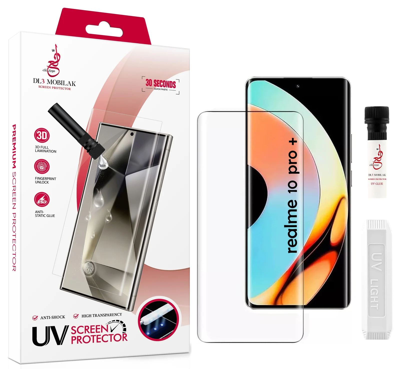 DL3 Mobilak Screen Protector realme 10 Pro+ / realme 10 Pro Plus [Liquid UV Tempered Glass] Full Screen adhesive [Sensitive Touch][Fingerprint Sensor Compatible] HD - Clear