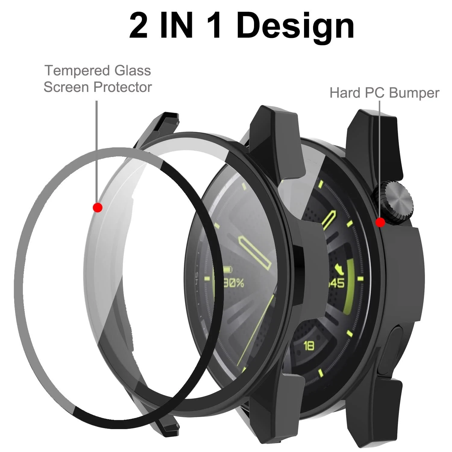 DL3 Mobilak Protective Case Compatible with Huawei Watch GT3 46mm 9H Hardness PC Case Bumper Full Slim Protective Cover with Tempered Glass For Huawei Watch GT 3 46mm - Black