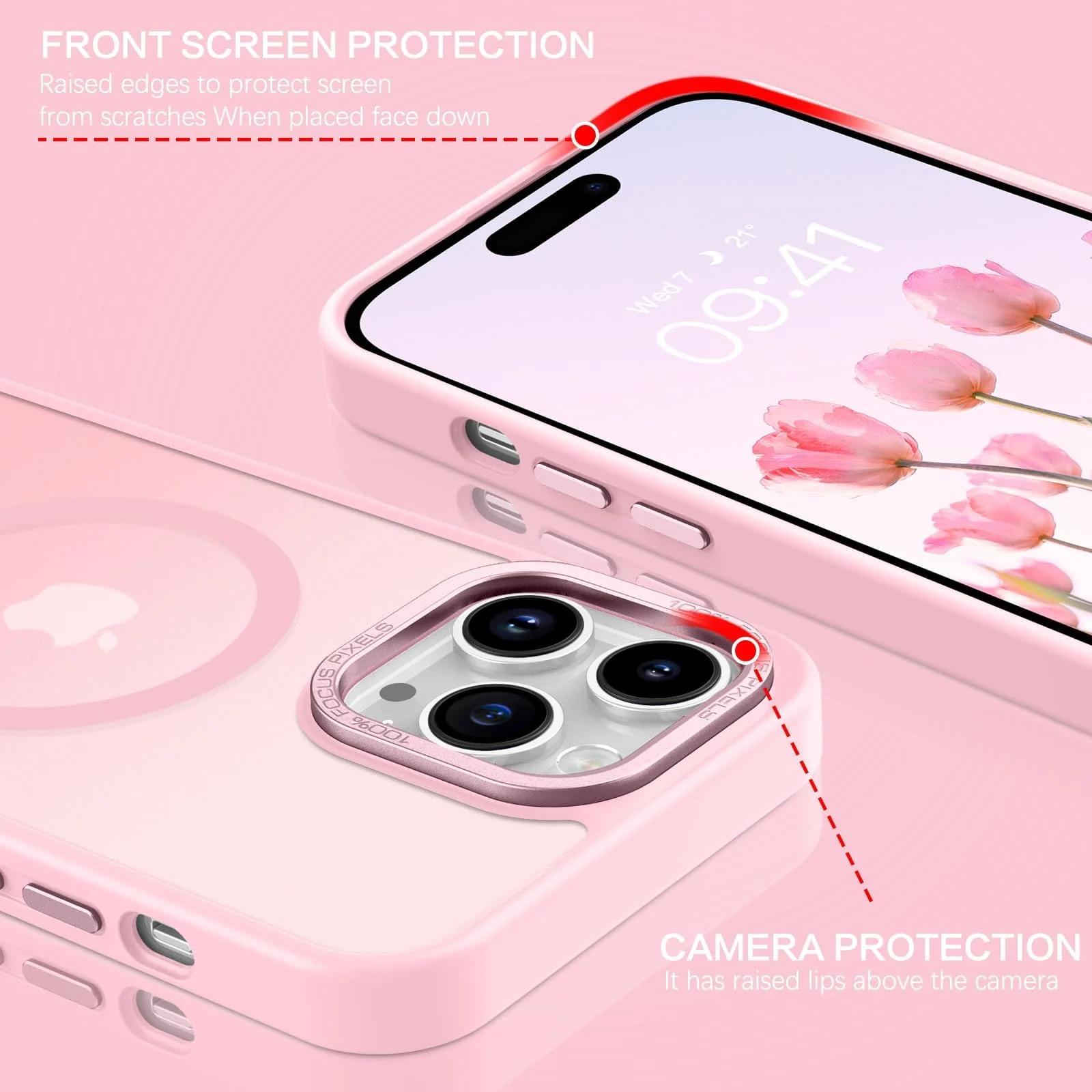 DL3 Mobilak Translucent Matte Case for iPhone 14 Pro Max 6.7-inch, Compatible with MagSafe accessories, Supports wireless charging, Built-in magnetic car-mount support - Pink