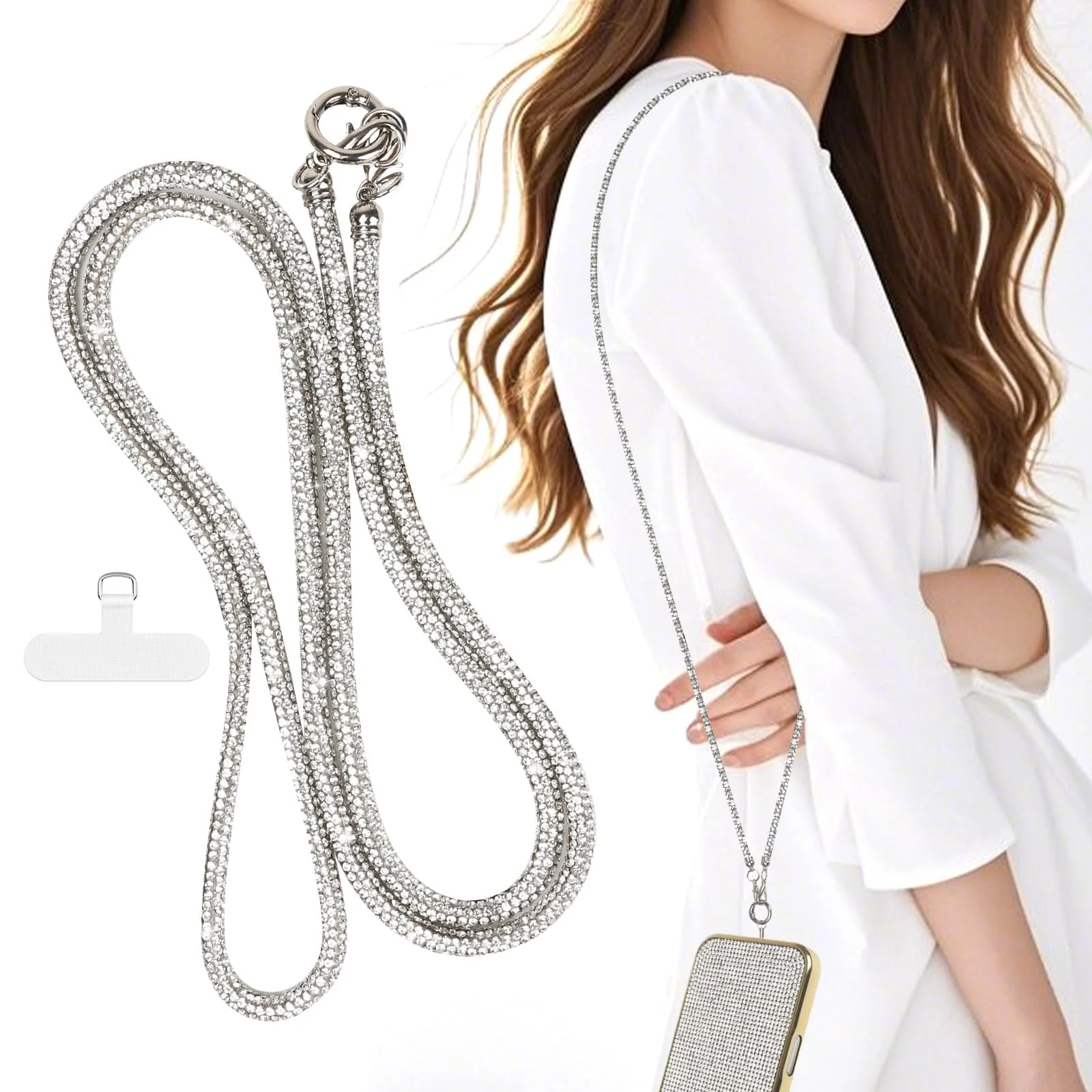 DL3 Mobilak Phone Crossbody Lanyard, Crystal Phone Lanyard with Full Rhinestone Bling Glitter, Bling Phone Strap for Most Phone, iPad, Handbag, Wallet, Phone Neck Holder for Women - Silver