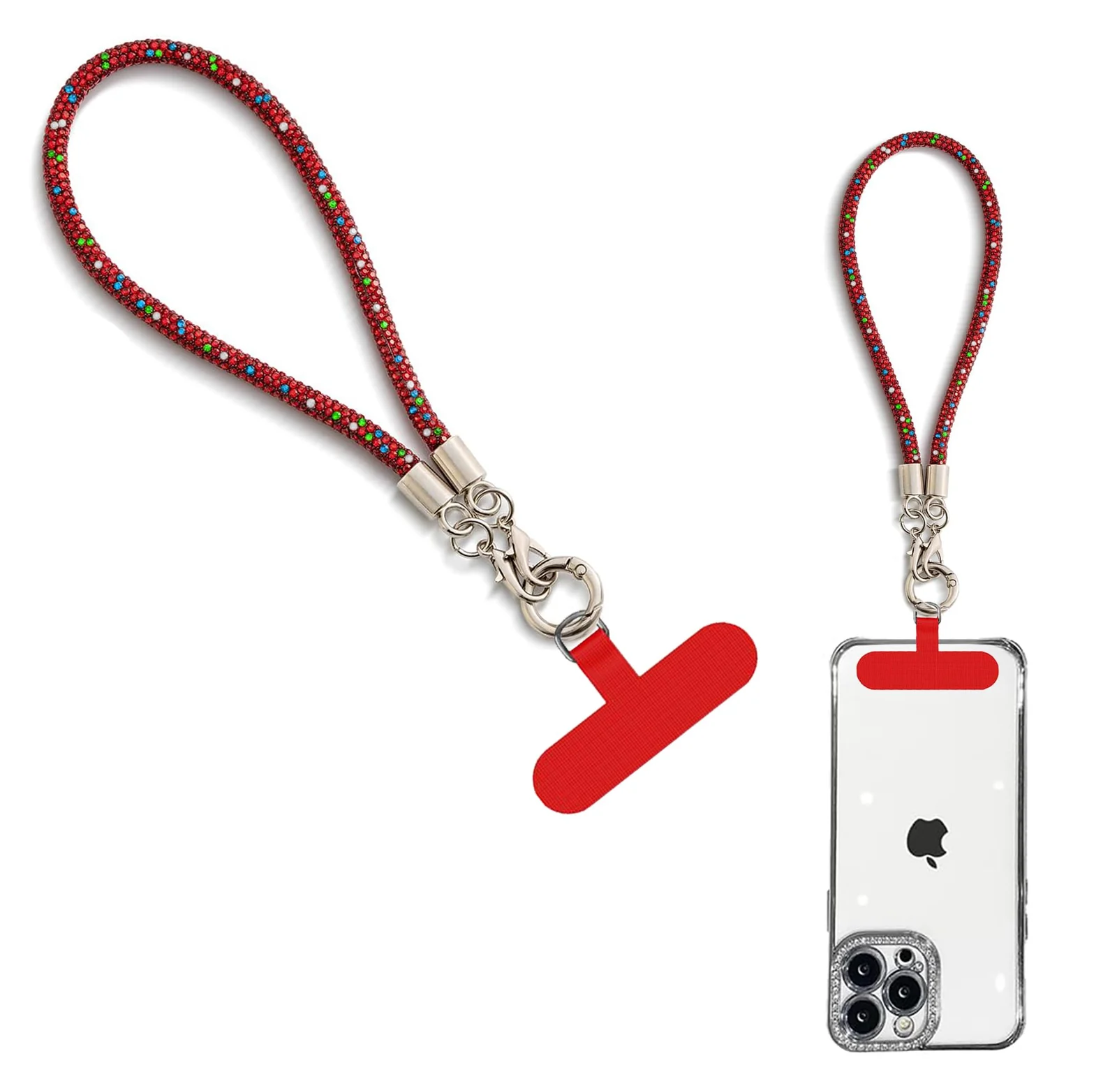 DL3 Mobilak Glitter Phone Wrist Strap, Bling Rhinestone Short Hand Lanyard Bracelet with Keychain & Card Holder, Universal Mobile Phone Chain & Handbag Strap for Women - Red Colourful