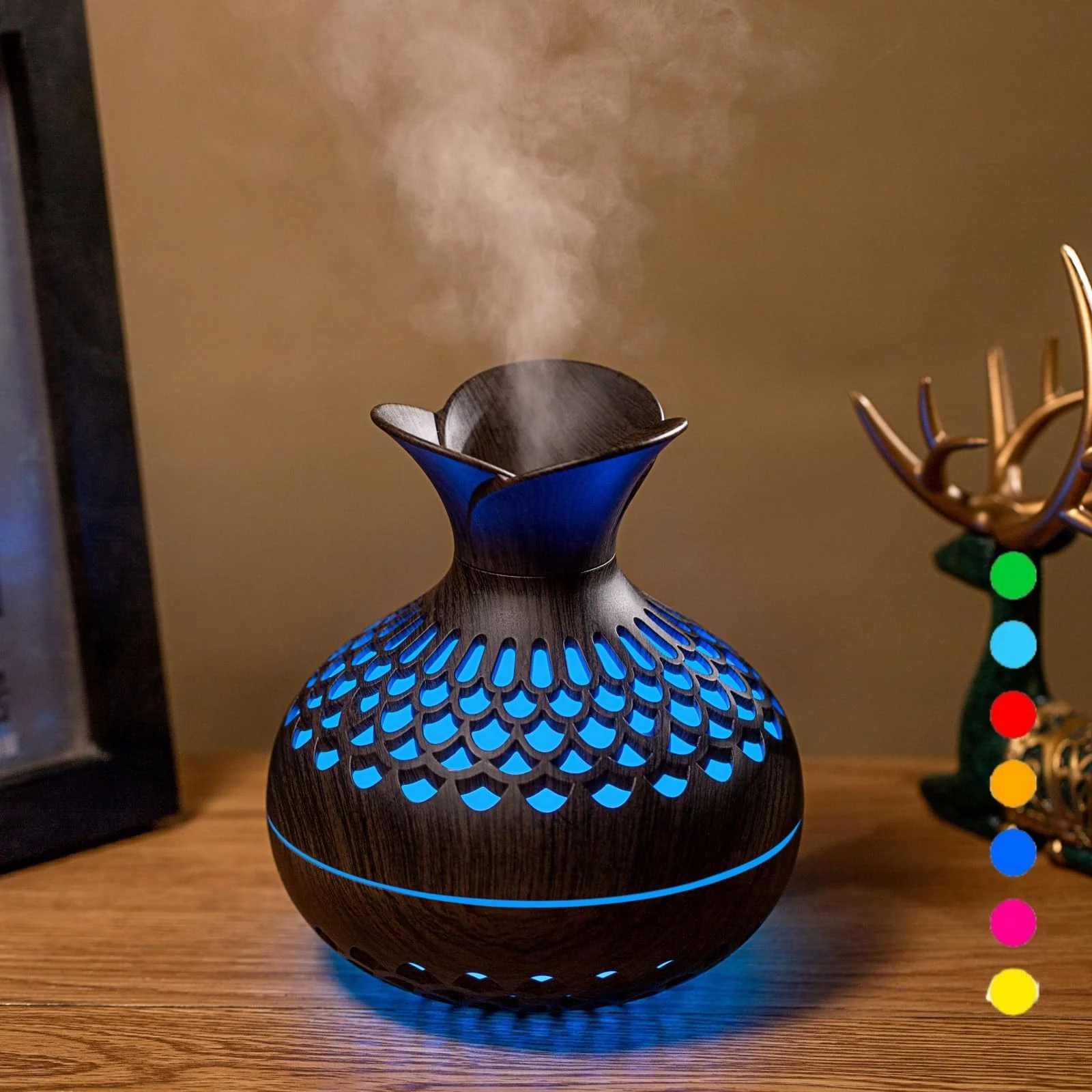 Mobigon Wood Cool Mist Ultrasonic Humidifier for Room Moisture, Aroma Diffuser for Home, 300ml Essential Oil Diffuser with 7 Colorful Night Light, Auto Shut-Off, Home, Office, car - Dark Brown