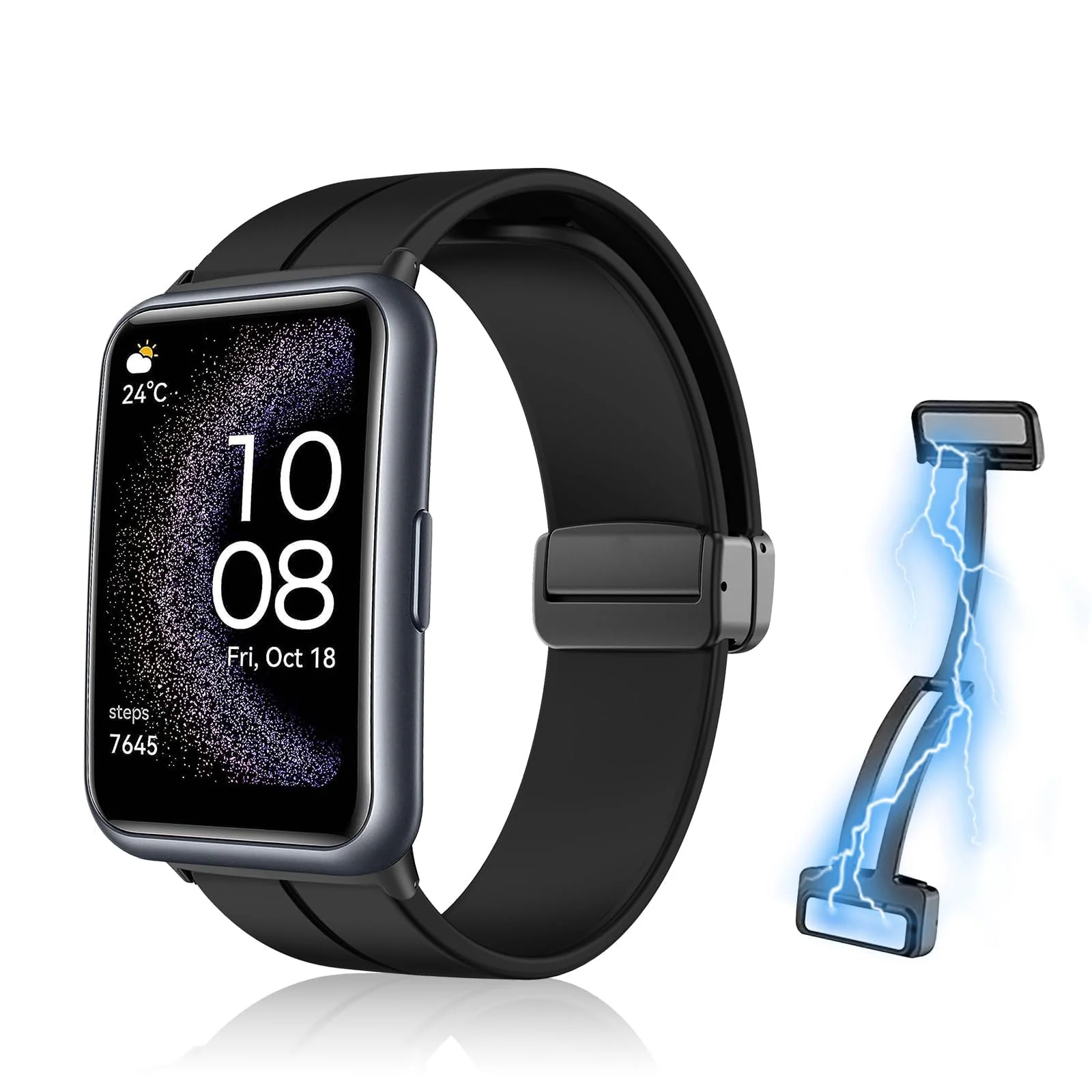 DL3 Mobilak Silicone Strap Compatible with Huawei Watch Fit Magnetic Metal Stainless Buckle Sport Silicone Strap for Huawei Watch Fit Band Quick Release Soft Replacment Wristband - Black
