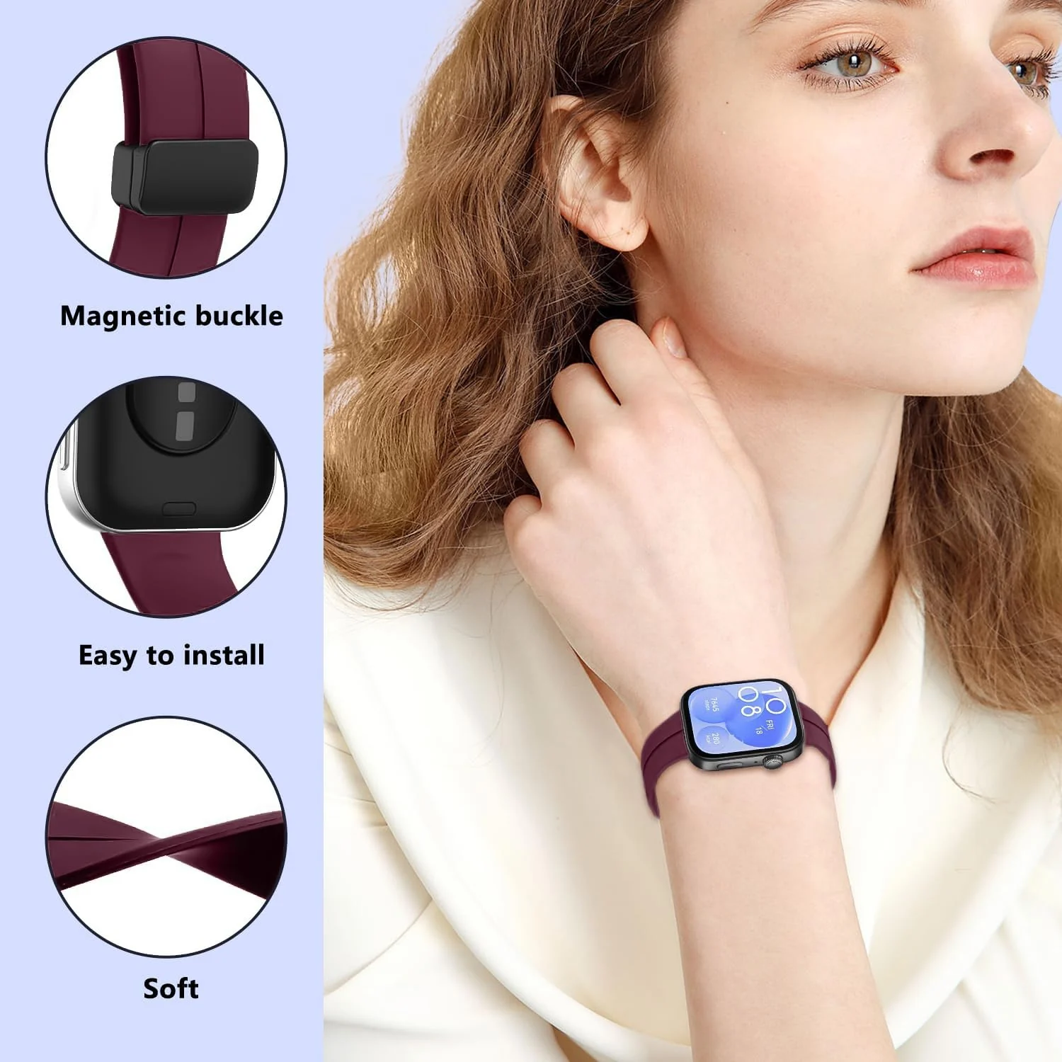 DL3 Mobilak Silicone Strap Compatible with Huawei Watch Fit 3/Watch Fit 4 Pro/Fit 4 Magnetic Metal Stainless Buckle Sport Silicone Strap, Band Quick Release Soft Replacment Wristband - Wine Red