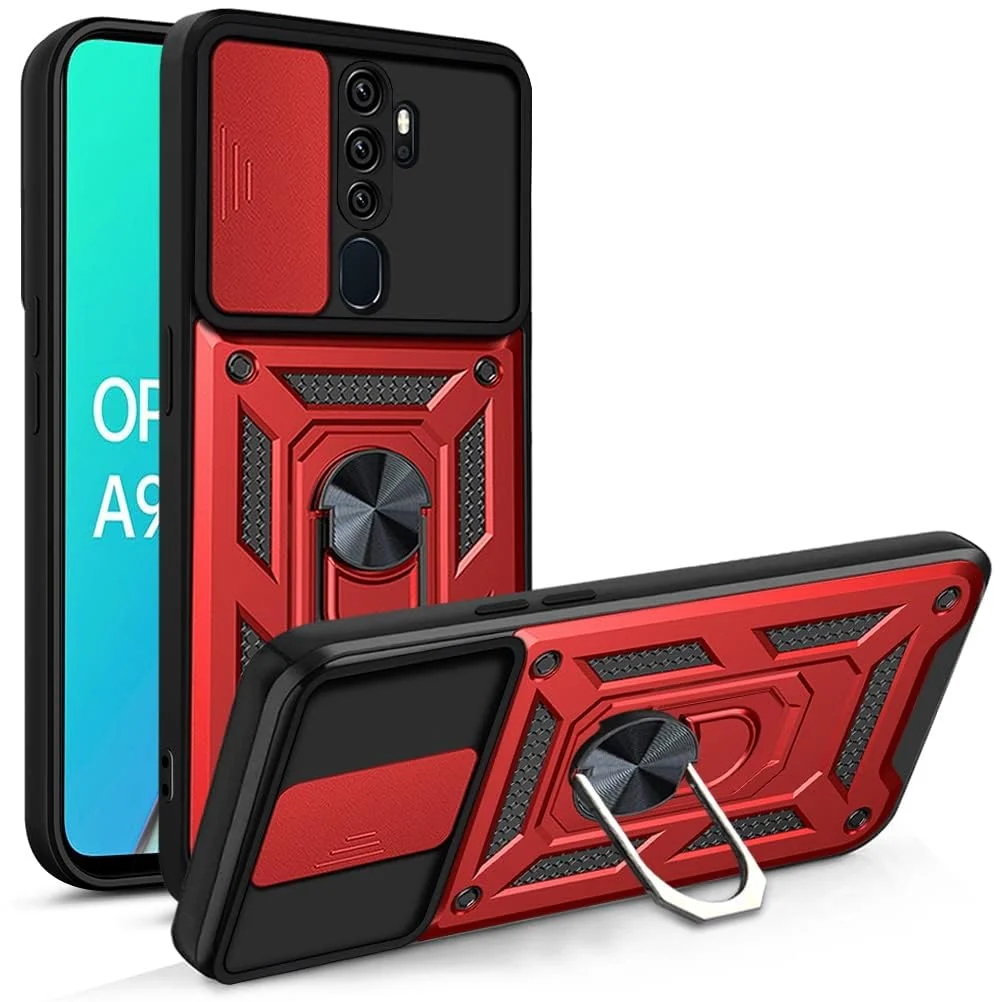 DL3 Mobilak Military-Grade Protective Case with Sliding Camera Cover, Metal Ring Kickstand and Magnetic Car-Mount Support for OPPO A9 2020 / OPPO A5 2020 - Red
