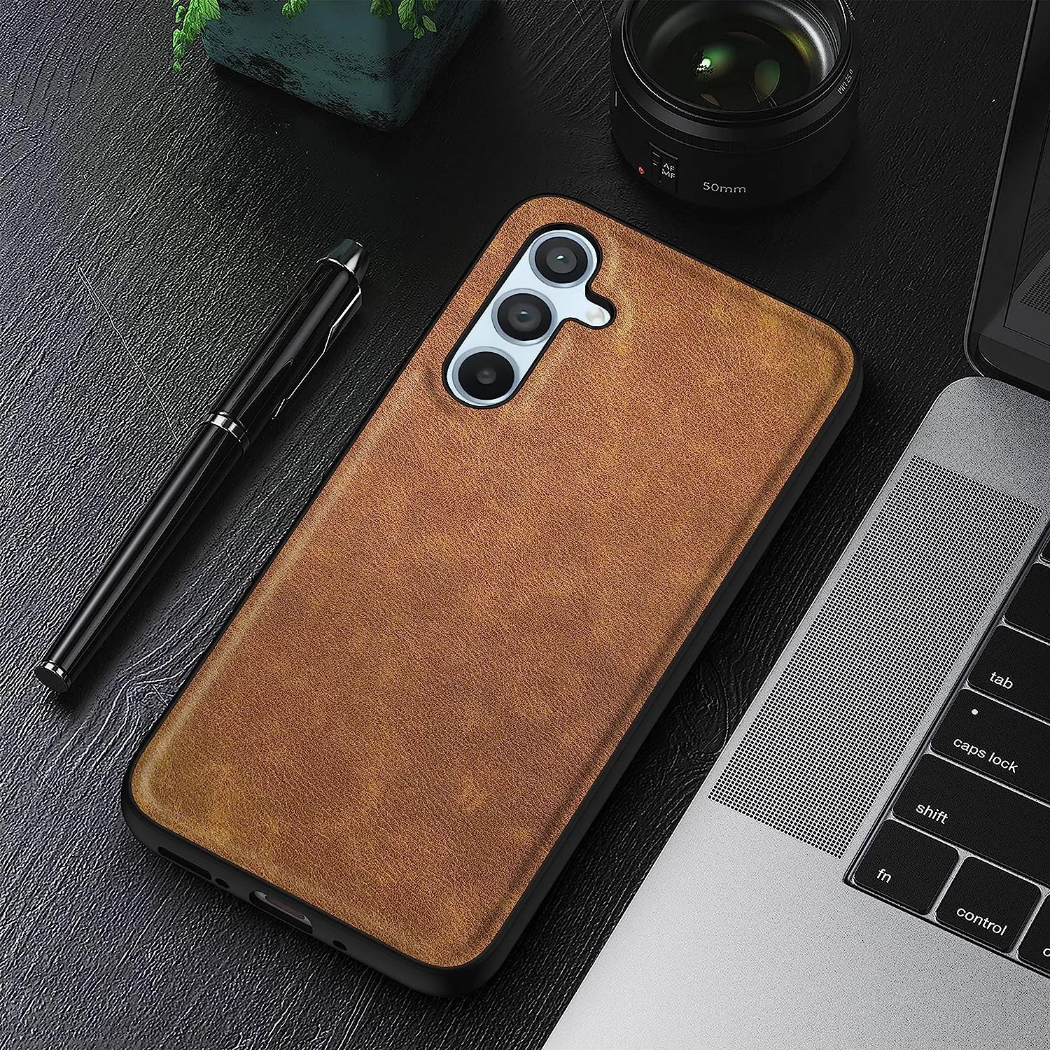 DL3 Mobilak Faux Leather Protective Case for Samsung Galaxy A14 5G / 4G with Camera Protection and Shockproof Design - Brown