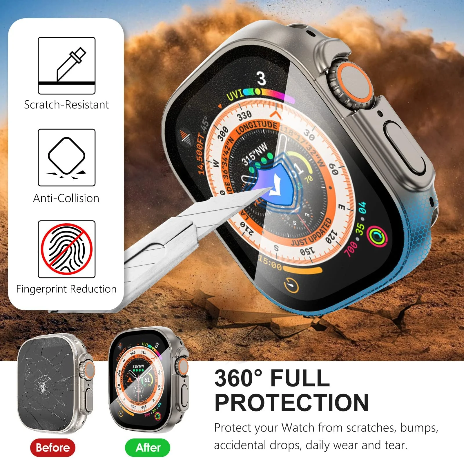 DL3 Mobilak Hard Case Designed for Apple Watch Ultra 2 (2023) / Ultra 1 49mm, Built-in 9H [HD Clear] Tempered Glass Screen Protector, [Full Protection] Slim Cover for iWatch 49mm - Titanium