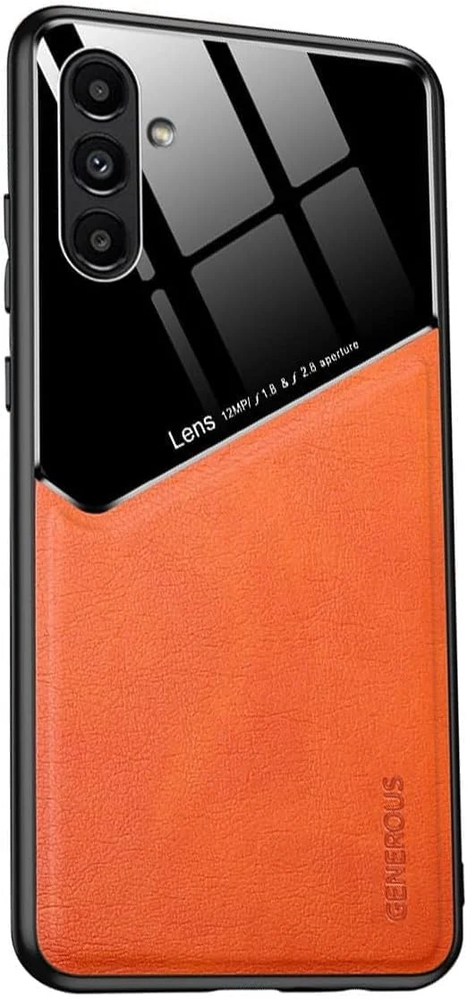 DL3 Mobilak Luxury Case For Samsung Galaxy A15, Ultra-Thin Soft TPU Frame, Back Leather Mixed Double+Plexiglass Protective Cover With Built-in Car Magnetic - Orange
