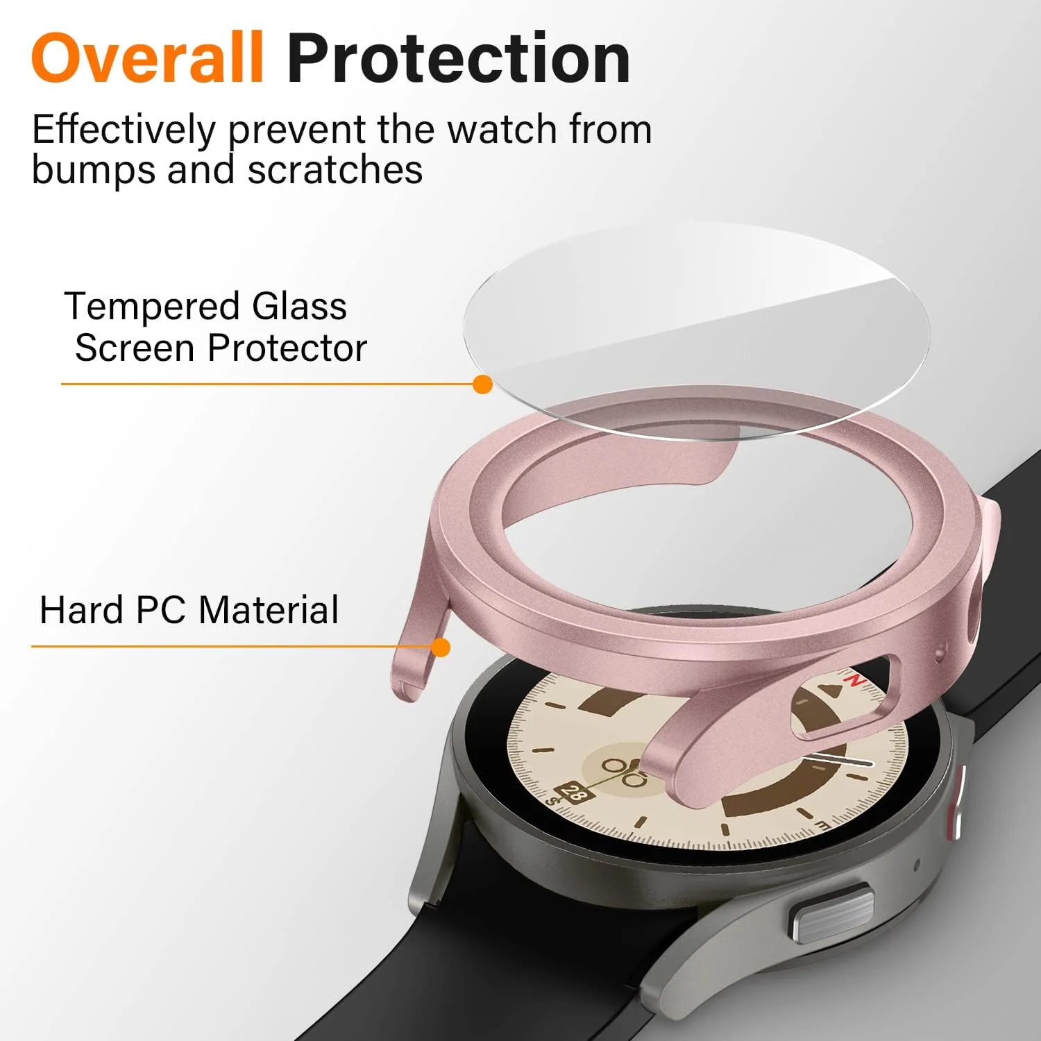 DL3 Mobilak Protective Case Compatible with Samsung Galaxy Watch 5 Pro 45mm 9H Hardness PC Case Bumper Full Slim Protective Cover with Tempered Glass For Samsung Galaxy Watch5 Pro 45mm (Rose Gold)