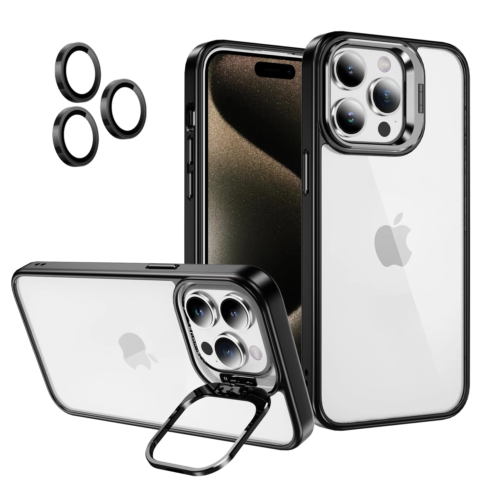 DL3 Mobilak Clear PC and TPU Case with Camera Ring Kickstand and Lens Protector for iPhone 12 / iPhone 12 Pro - Black