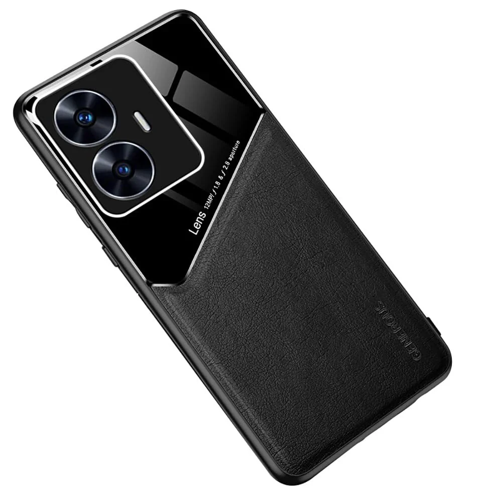 DL3 Mobilak Leather and PC Protective Case for realme C55 / Narzo N55, Built-in magnetic car-mount support, Shock-absorbing protection, Raised edges around the screen and camera - Black